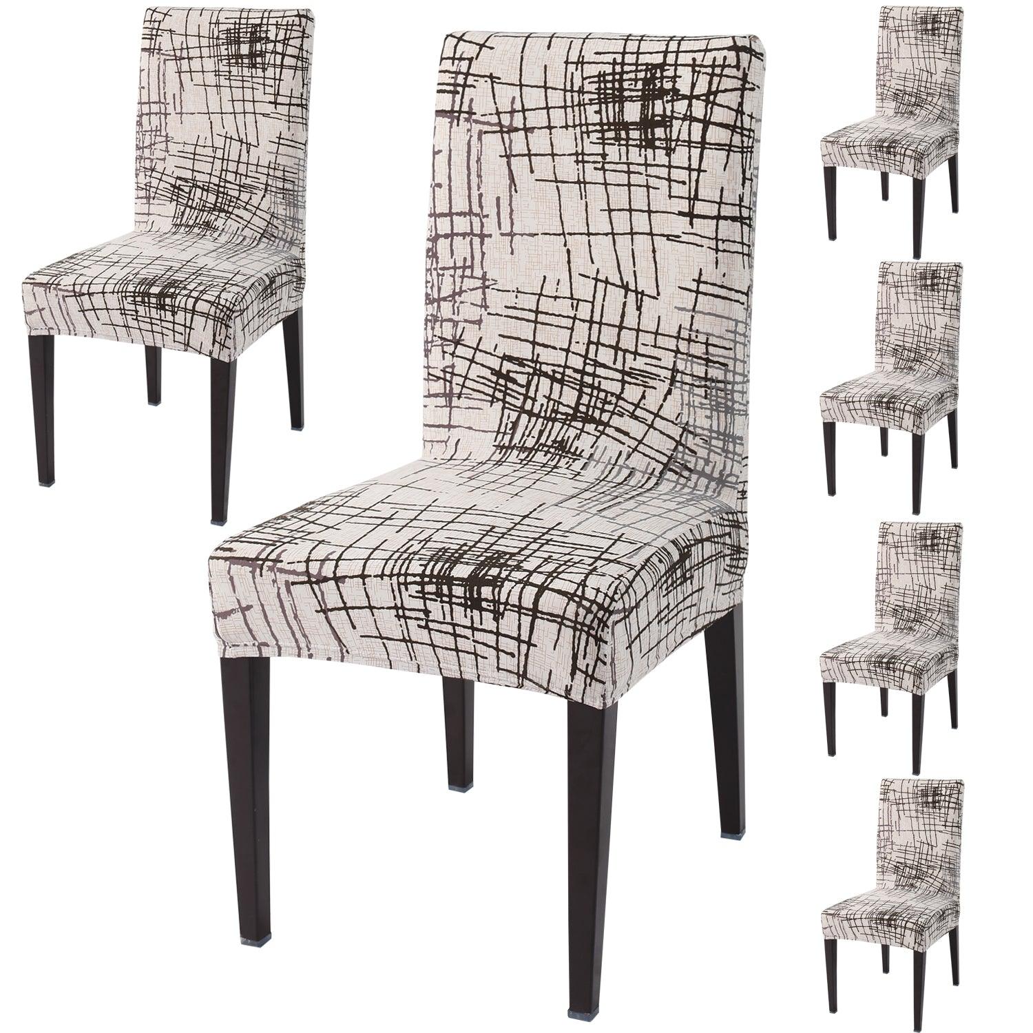 Beige Brown Line print dining chair covers set of 6 | Hokipo