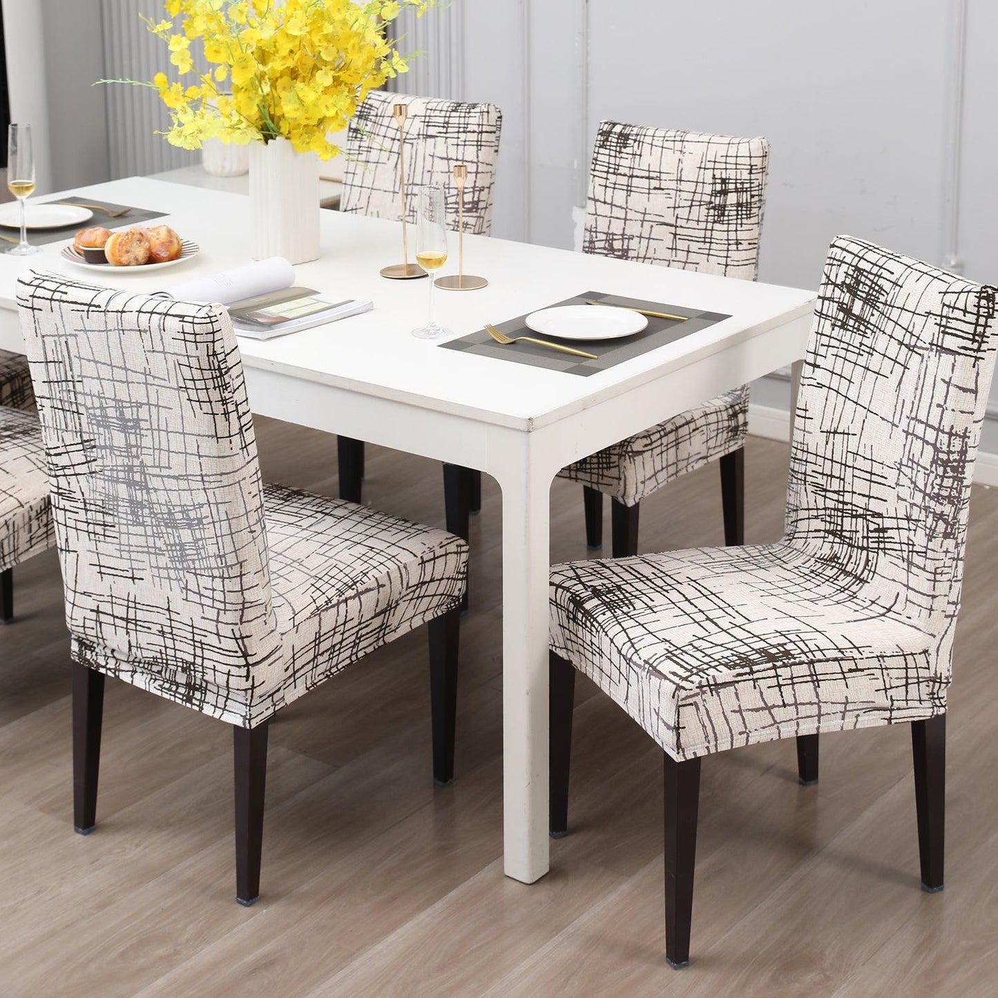 Beige Brown Line print chair covers for dining chairs | Hokipo