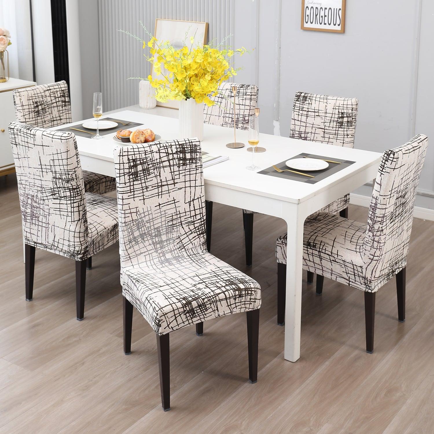 Beige Brown Line print dining chair covers Set | Hokipo