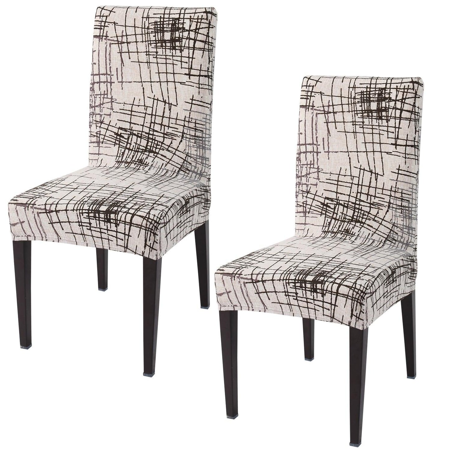 Beige Brown Line print elastic chair covers set of 2 | Hokipo