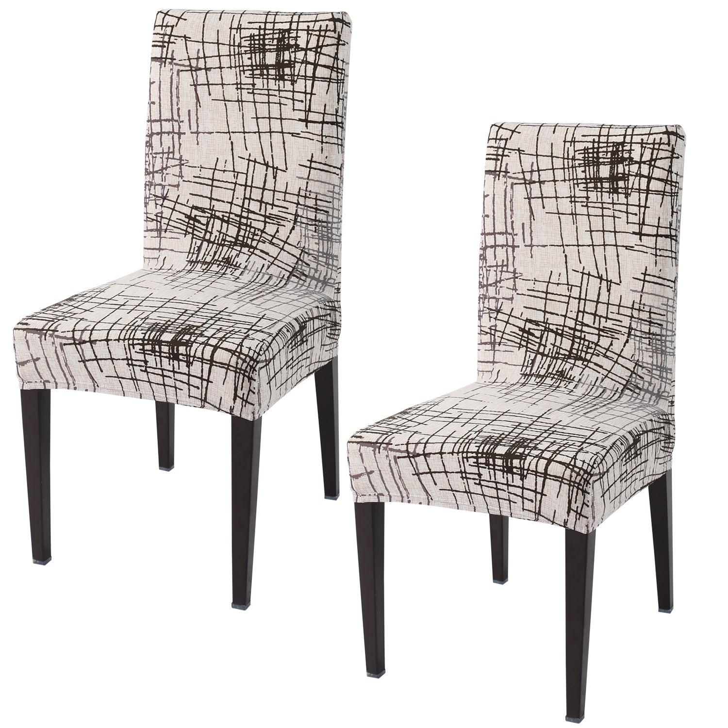 Beige Brown Line print elastic chair covers set of 2 | Hokipo