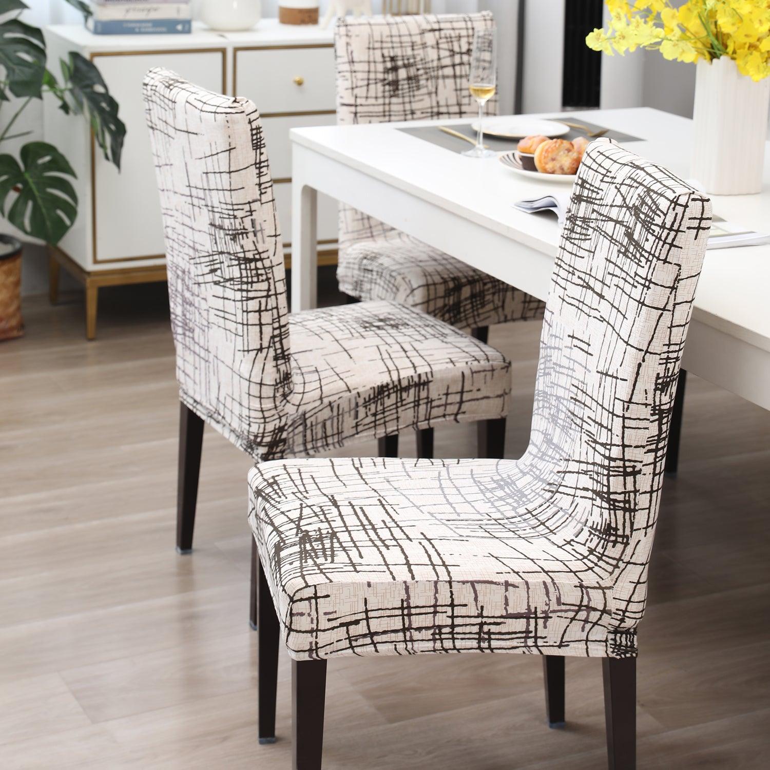 Beige Brown Line print elastic dining chair covers | Hokipo