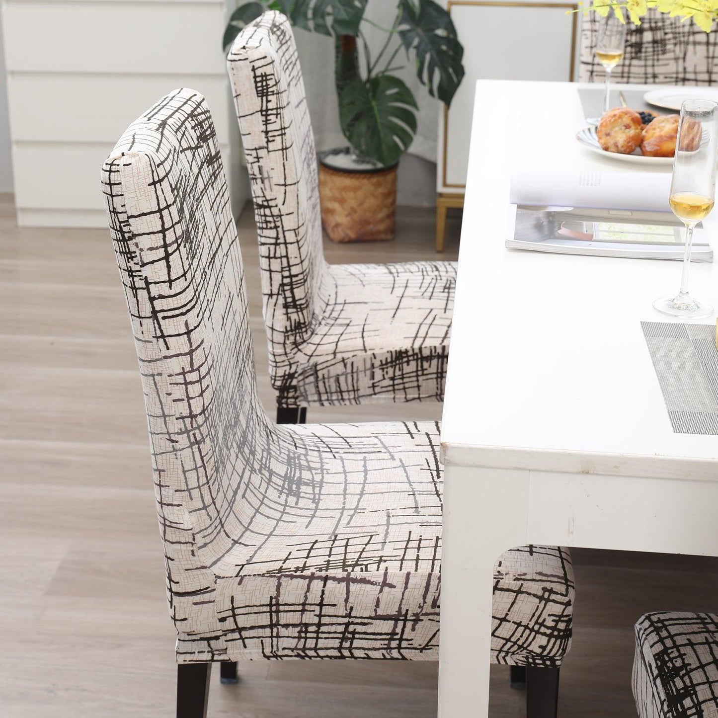 Beige Brown Line print stylish chair cover | Hokipo