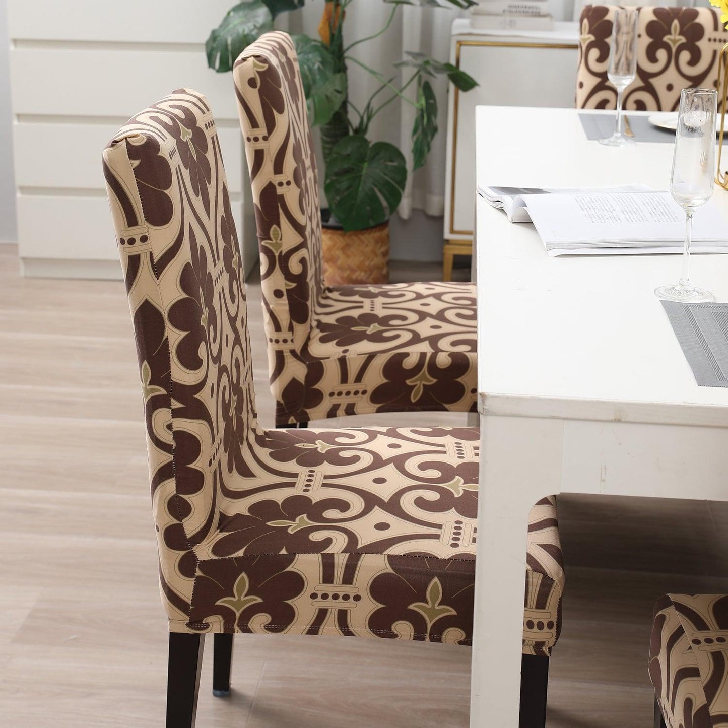Beige Damask print stylish chair cover | Hokipo