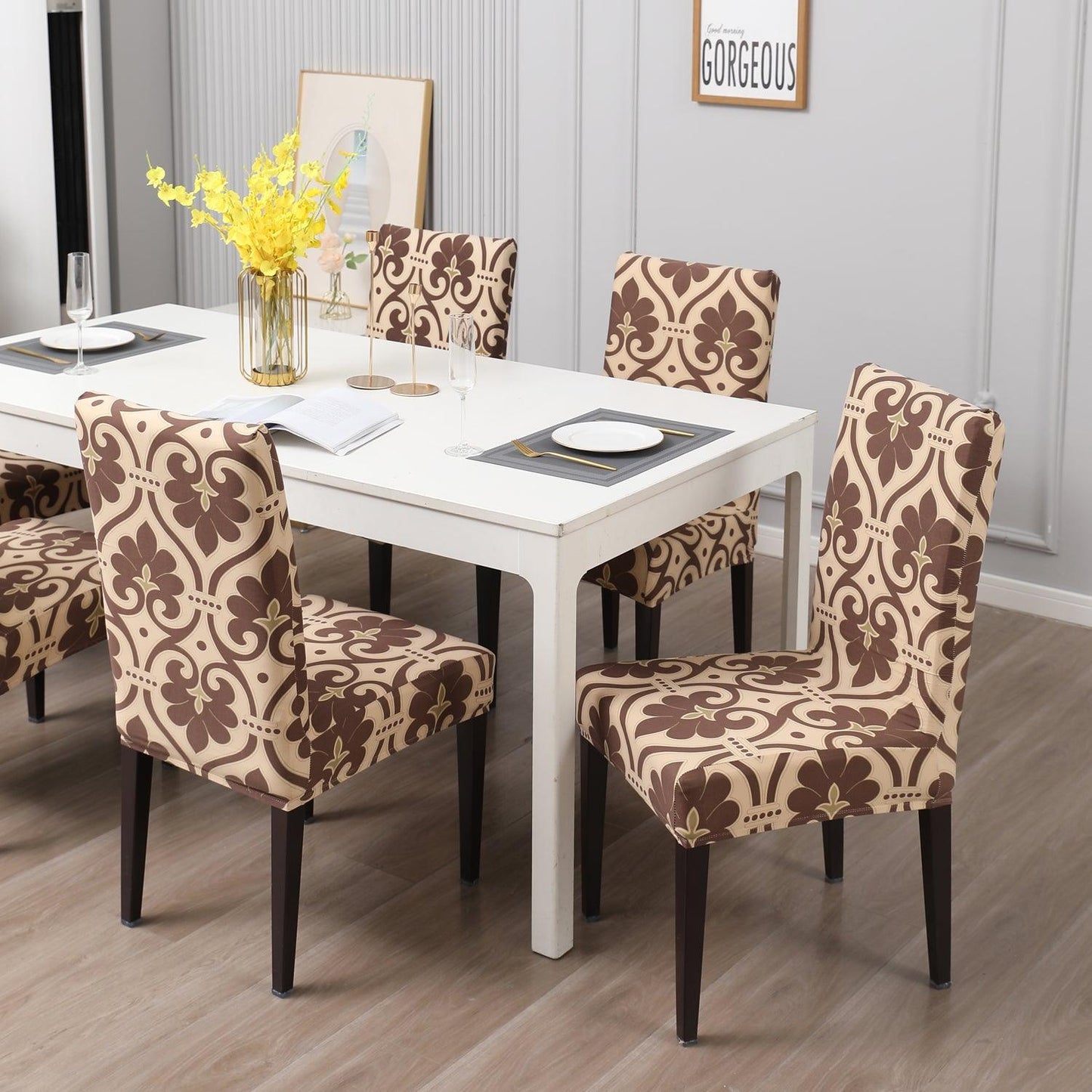 Beige Damask print dining chair covers Set | Hokipo