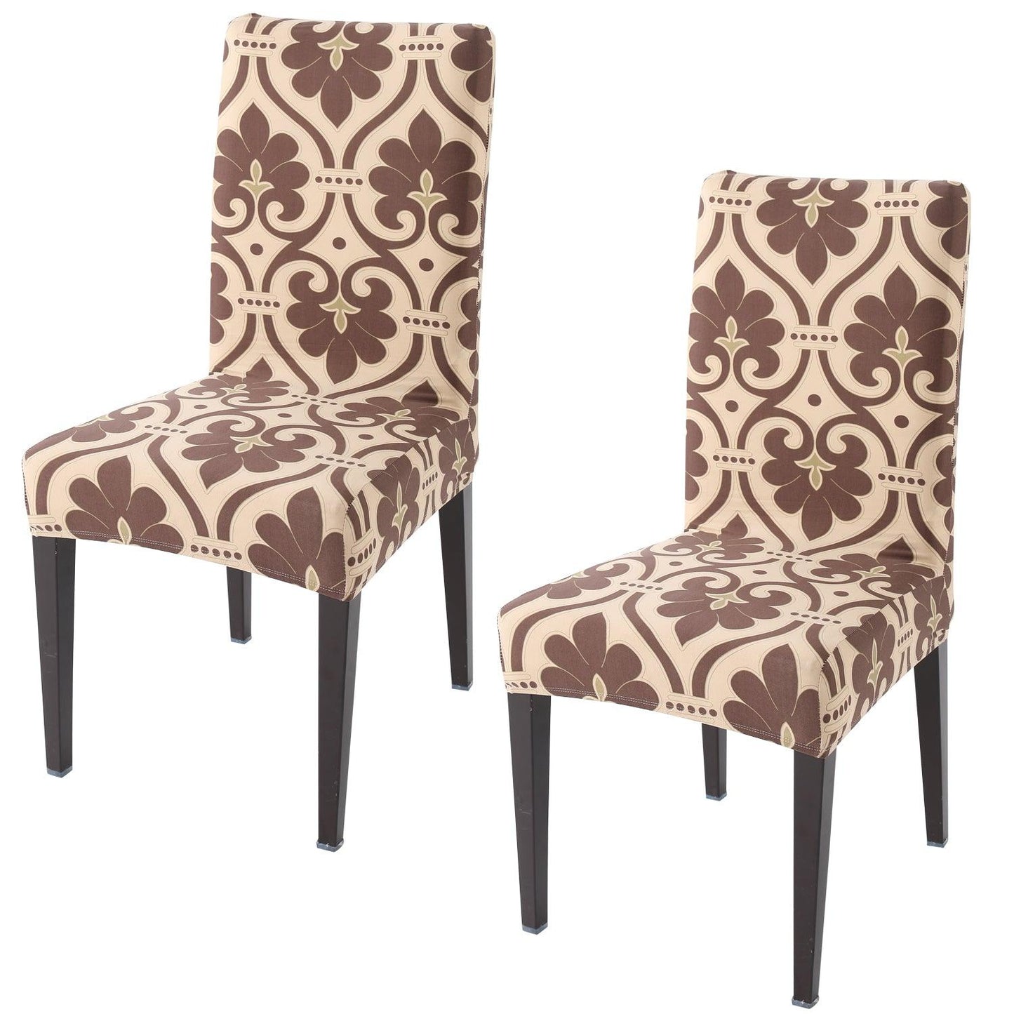 Beige Damask print elastic chair covers set of 2 | Hokipo