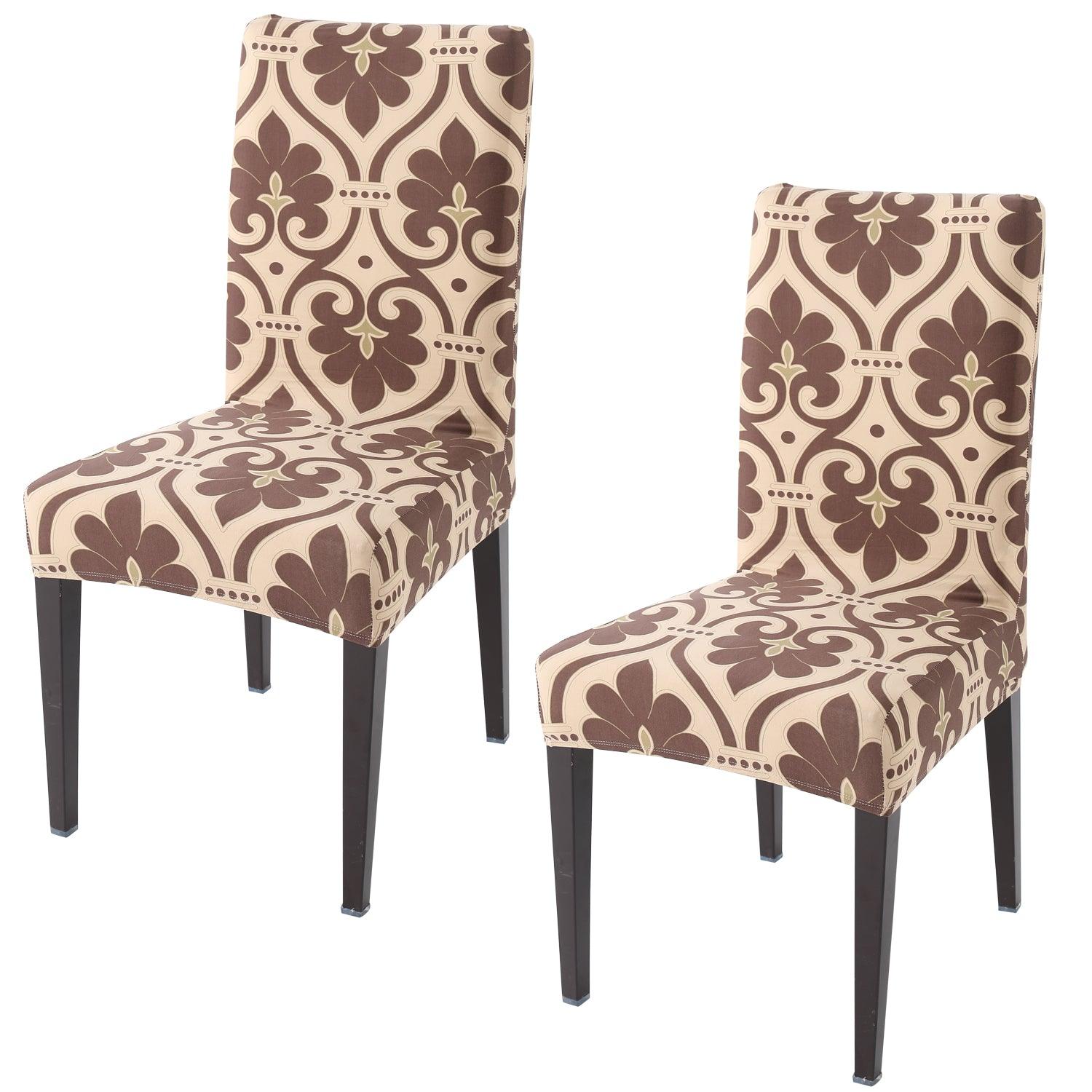 Beige Damask print elastic chair covers set of 2 | Hokipo