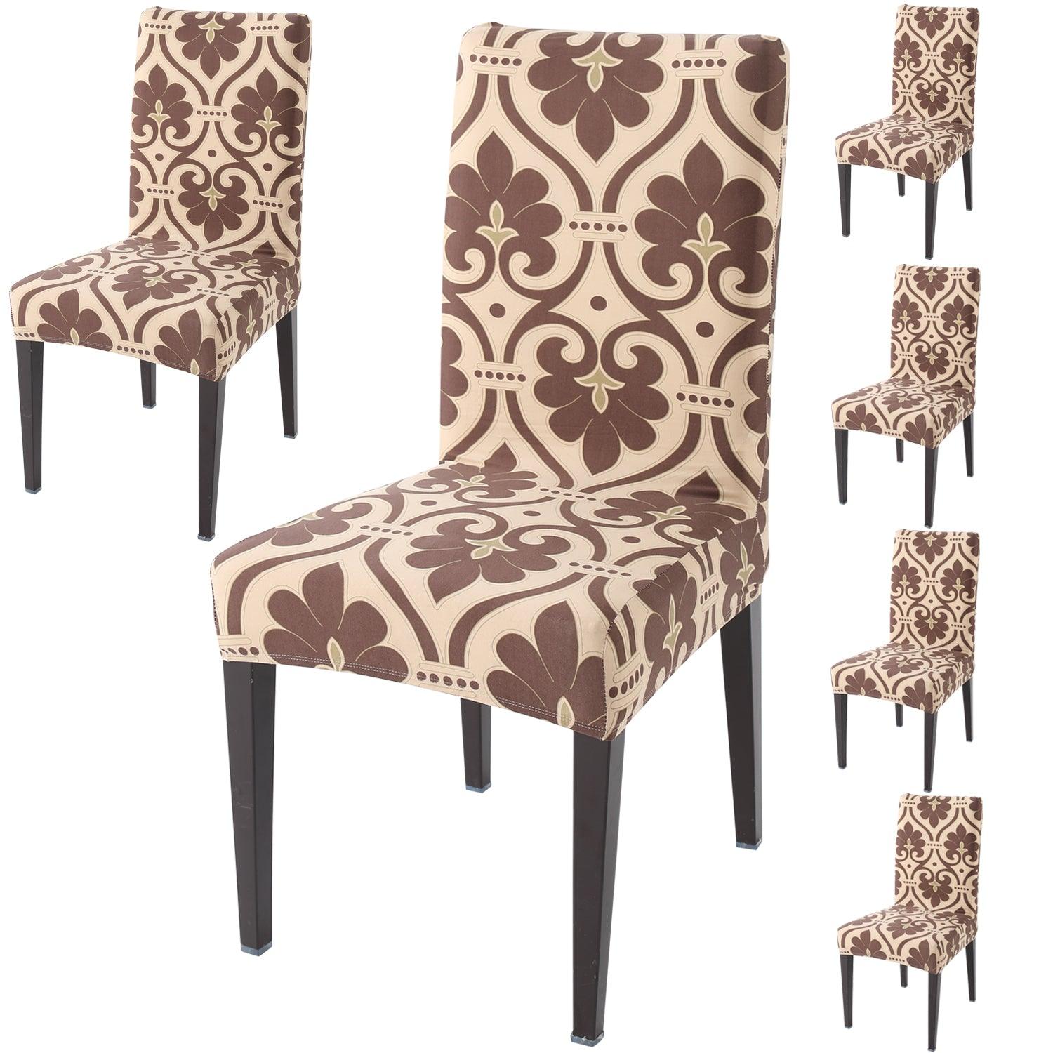 Beige Damask print dining chair covers set of 6 | Hokipo
