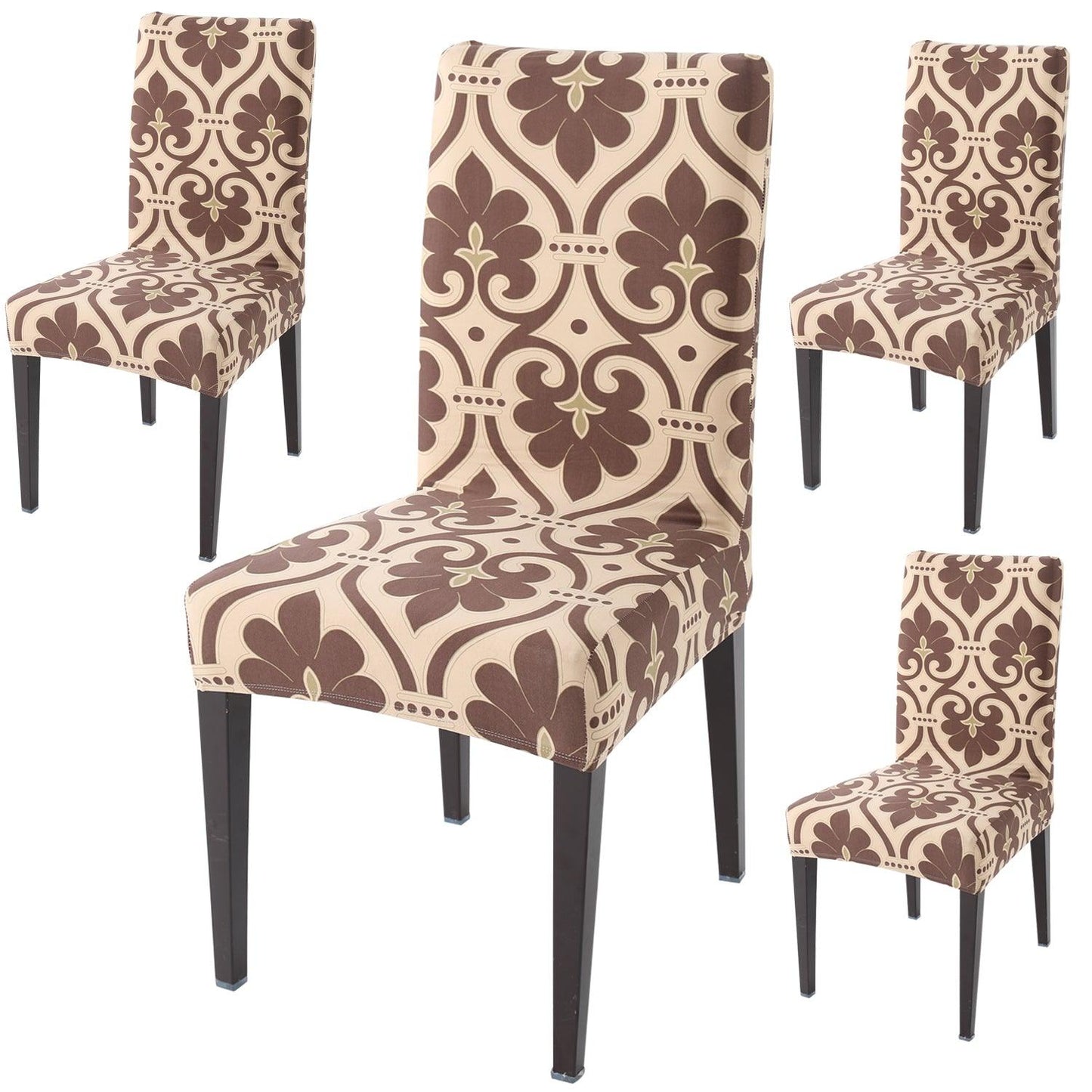 Beige Damask print dining chair covers set of 4 | Hokipo