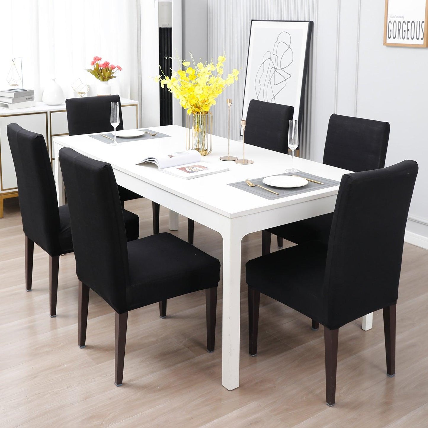 Black Print dining chair cover 6 seater