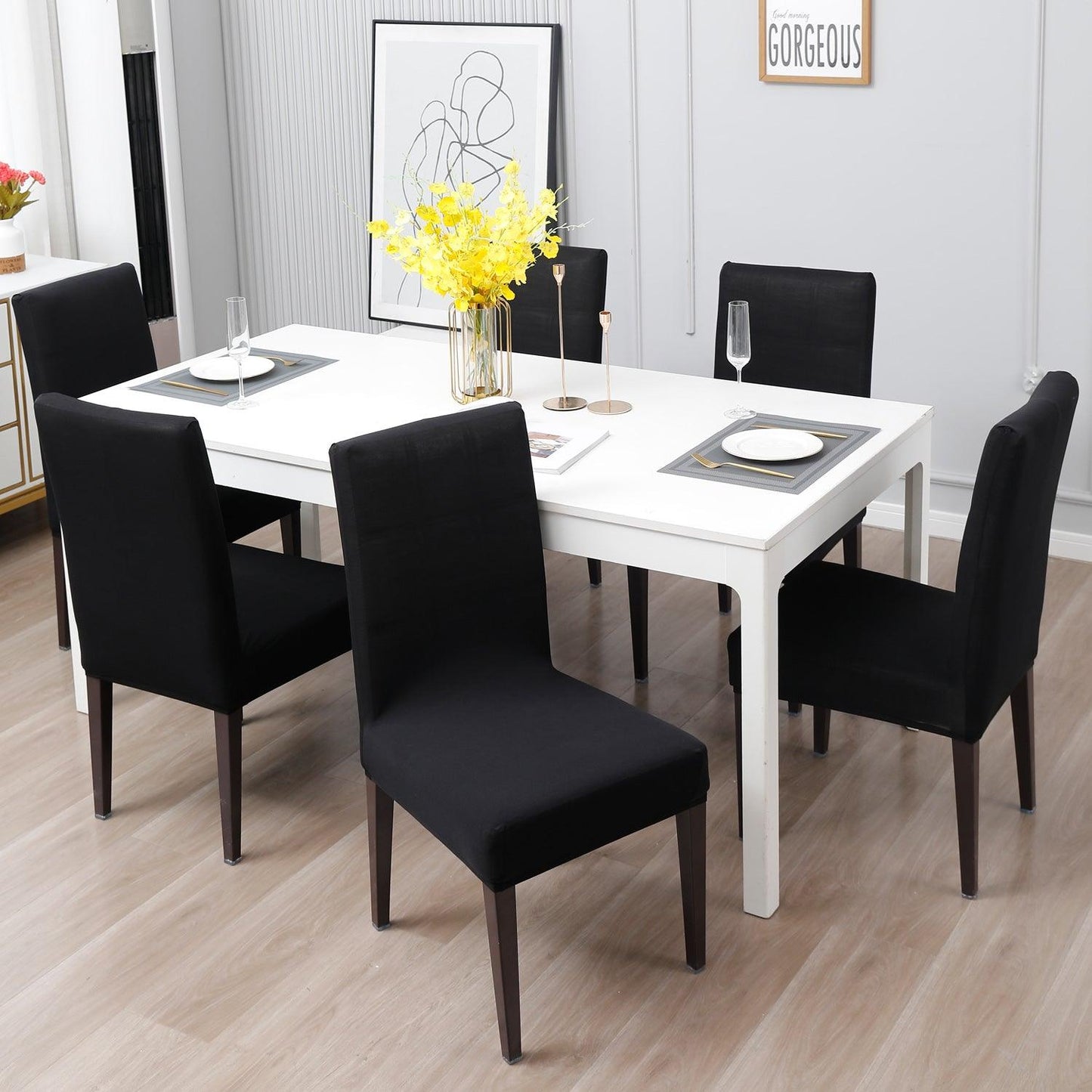 Black Print elastic dining chair covers