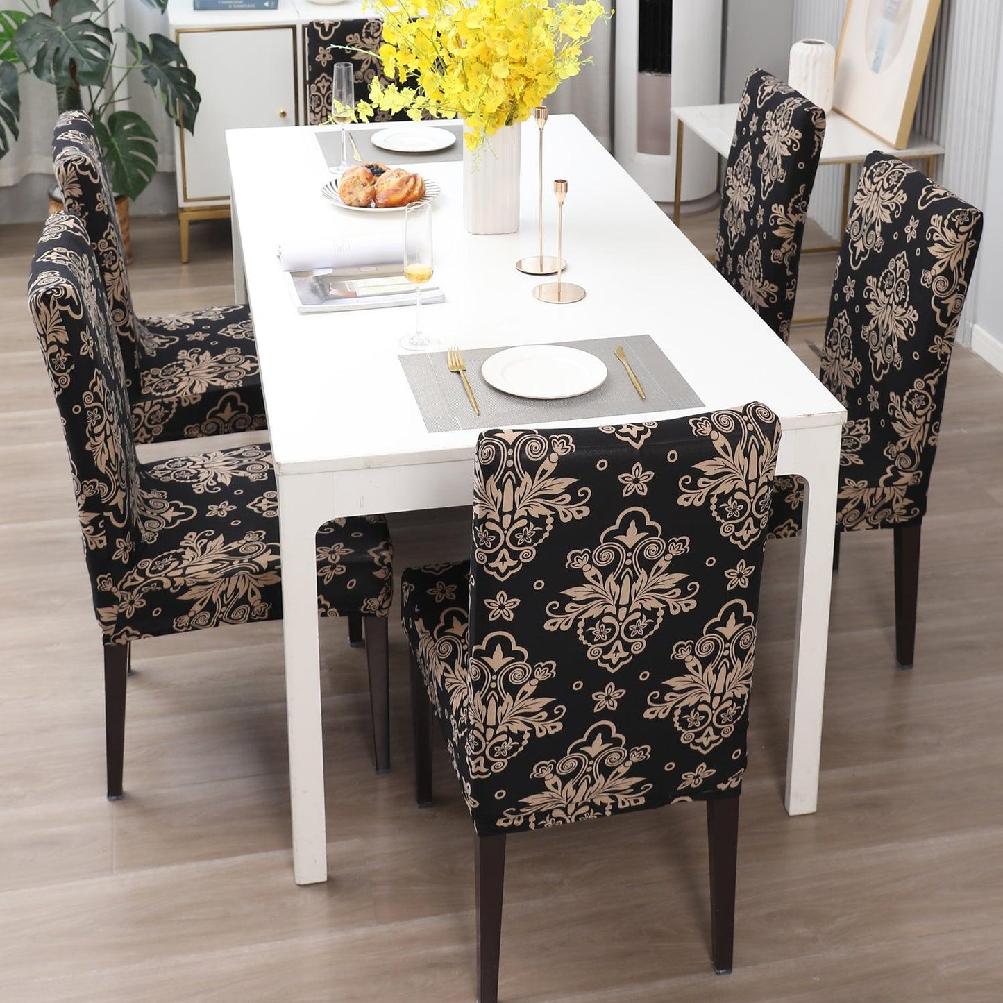 Black Damask print dining chair covers Set | Hokipo