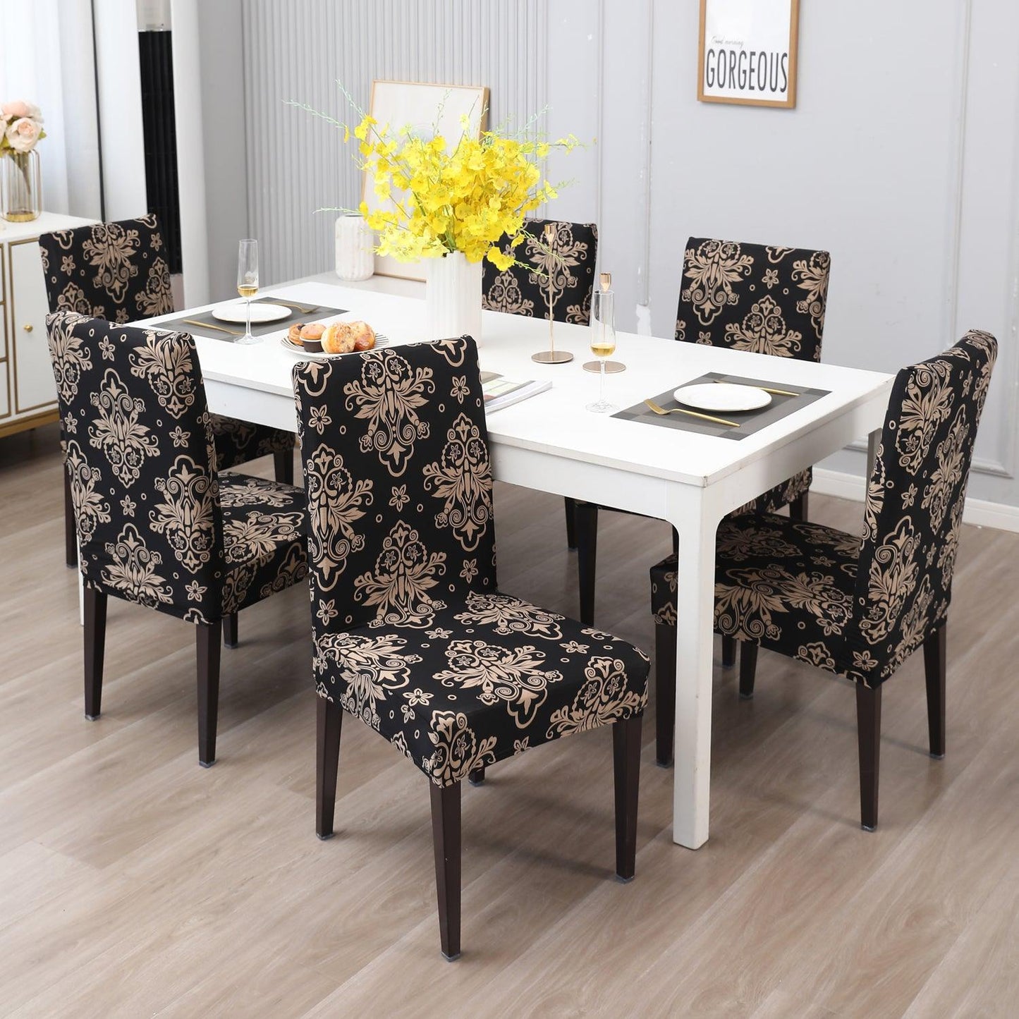 Black Damask print elastic dining chair covers | Hokipo