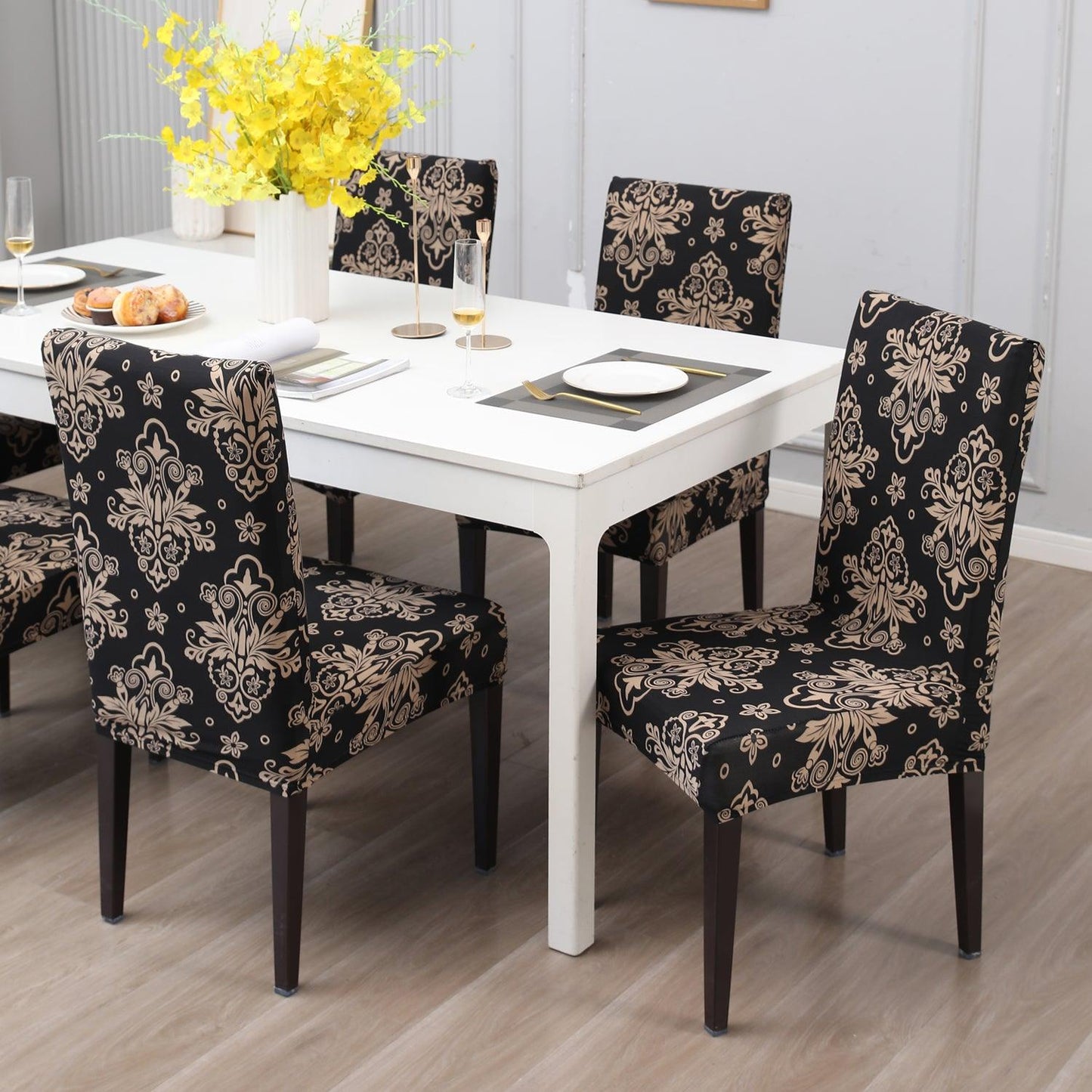 Black Damask print chair covers for dining chairs | Hokipo