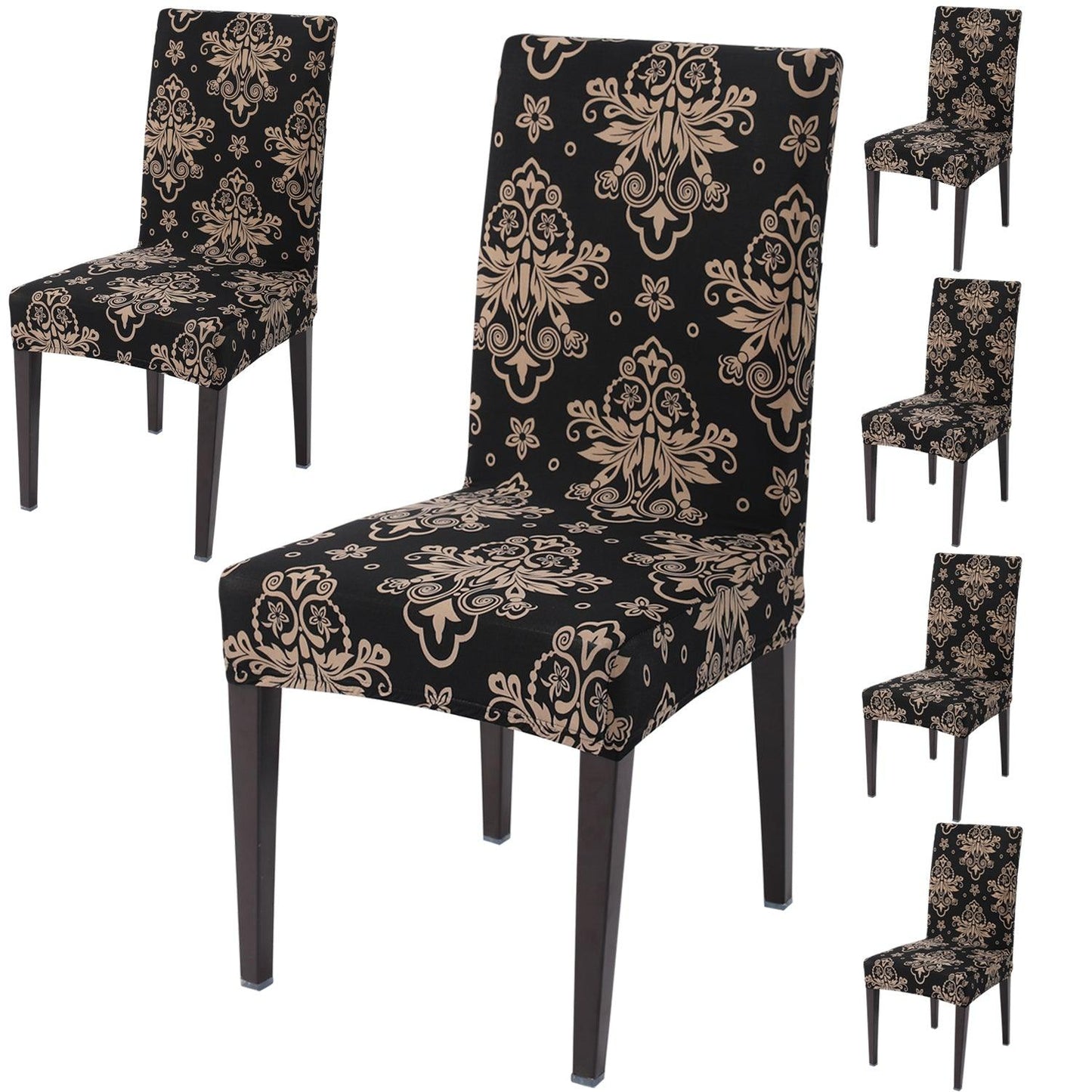 Black Damask print dining chair covers set of 6 | Hokipo