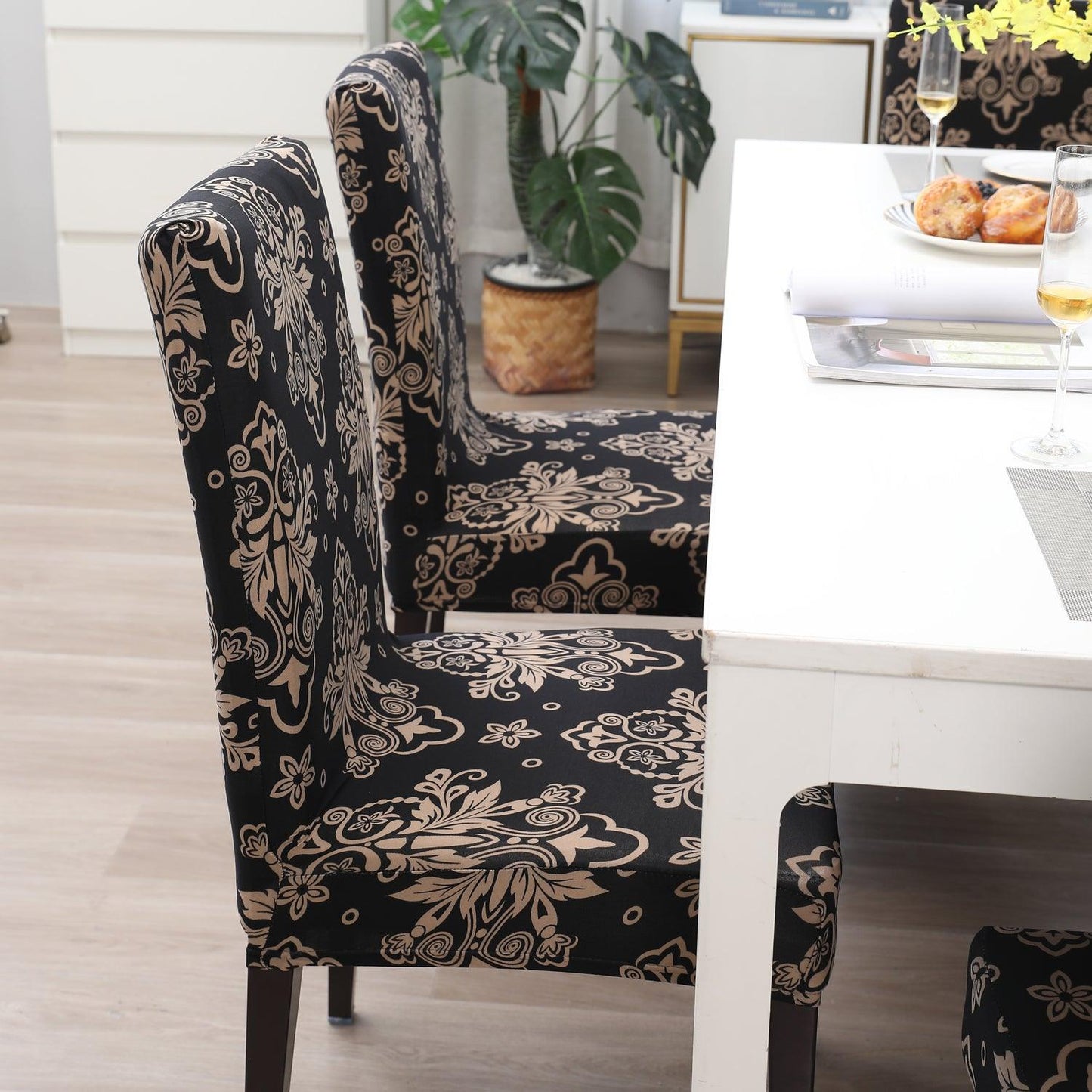 Black Damask print stylish chair cover | Hokipo