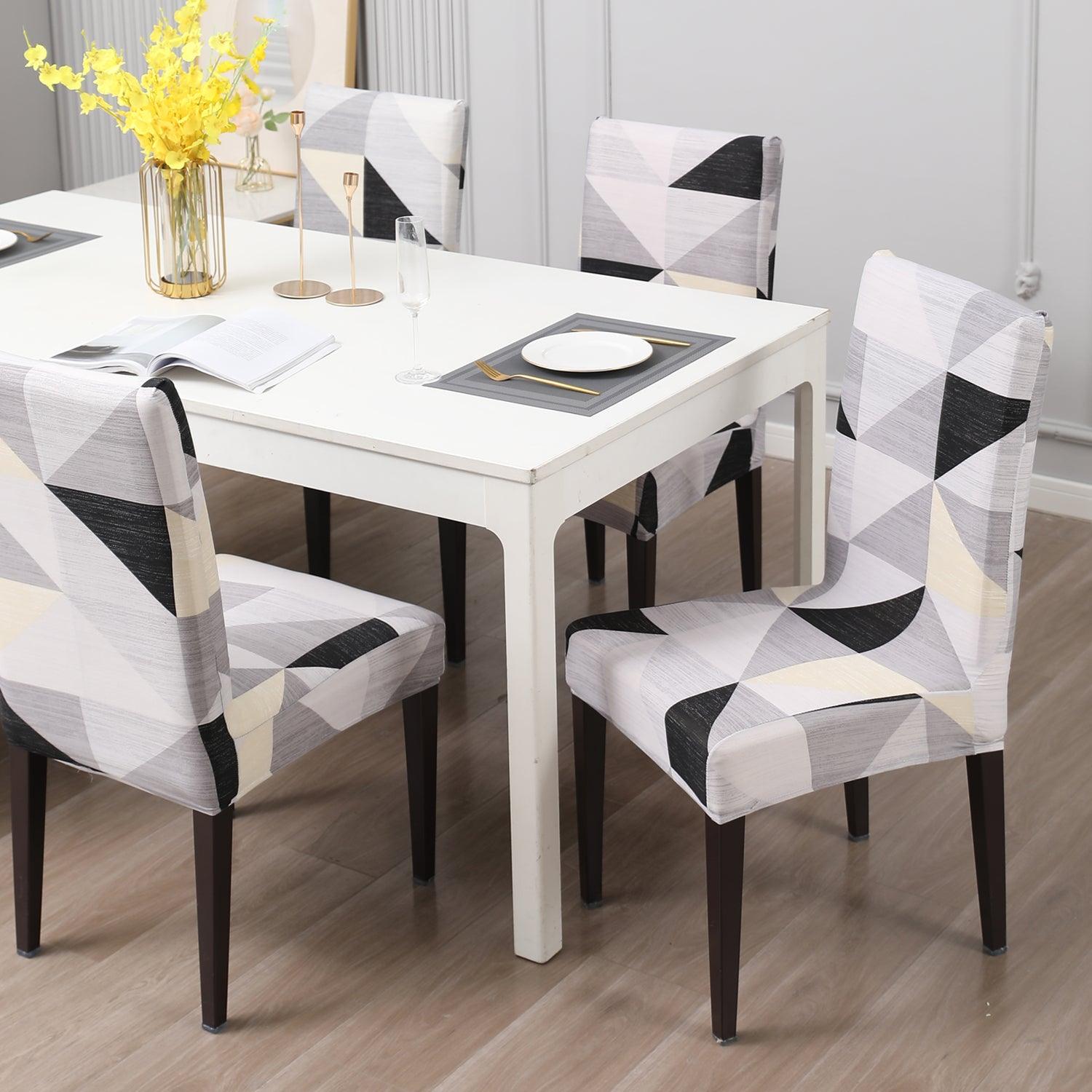 Black Grey Geometric print chair covers for dining chairs | Hokipo