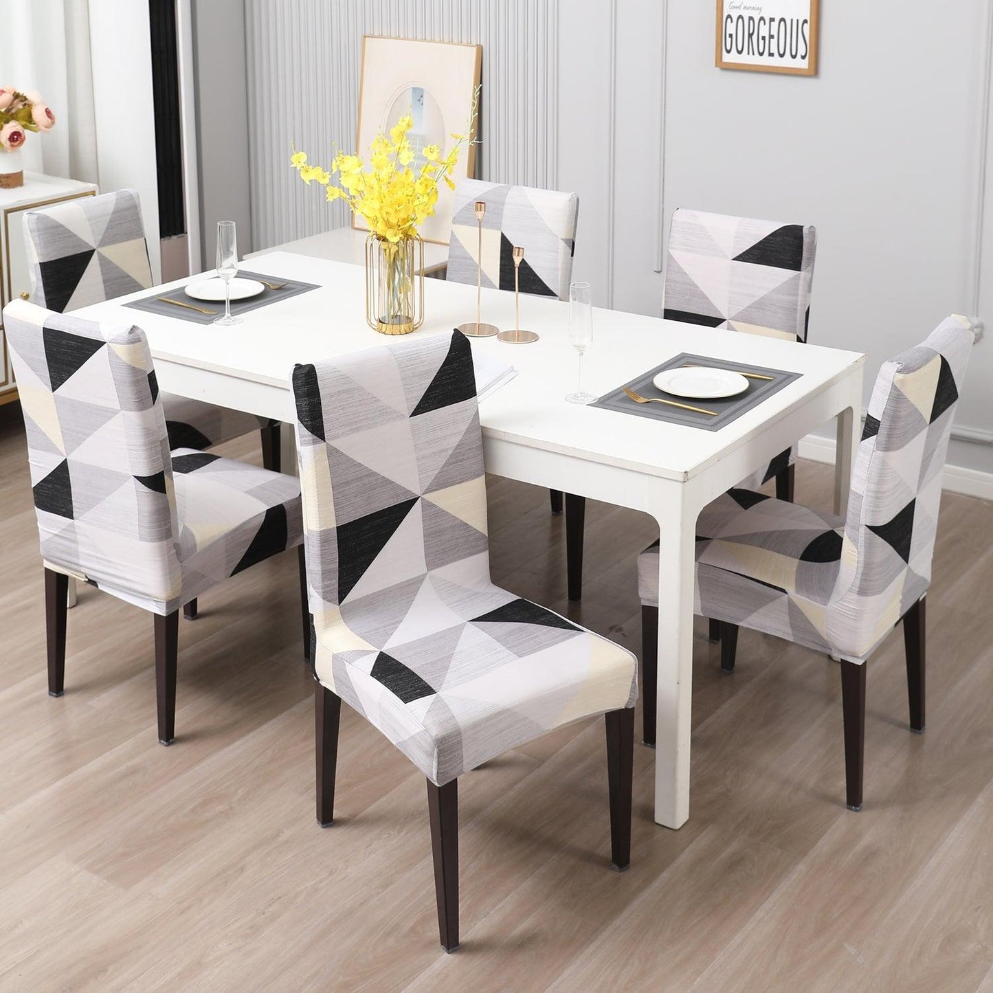 Black Grey Geometric print Fully fitted dining chair cover set | Hokipo