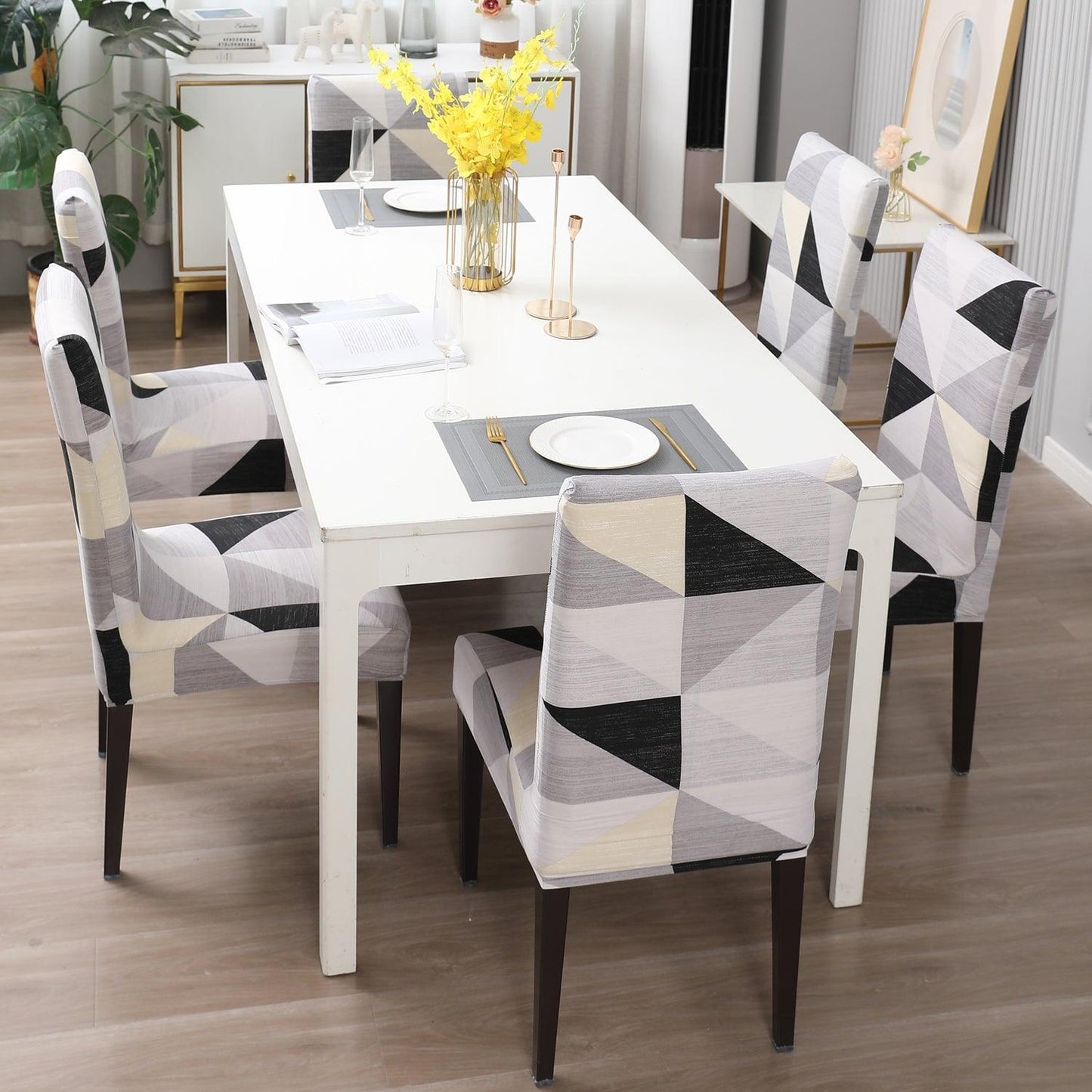 Black Grey Geometric print dining chair covers Set | Hokipo
