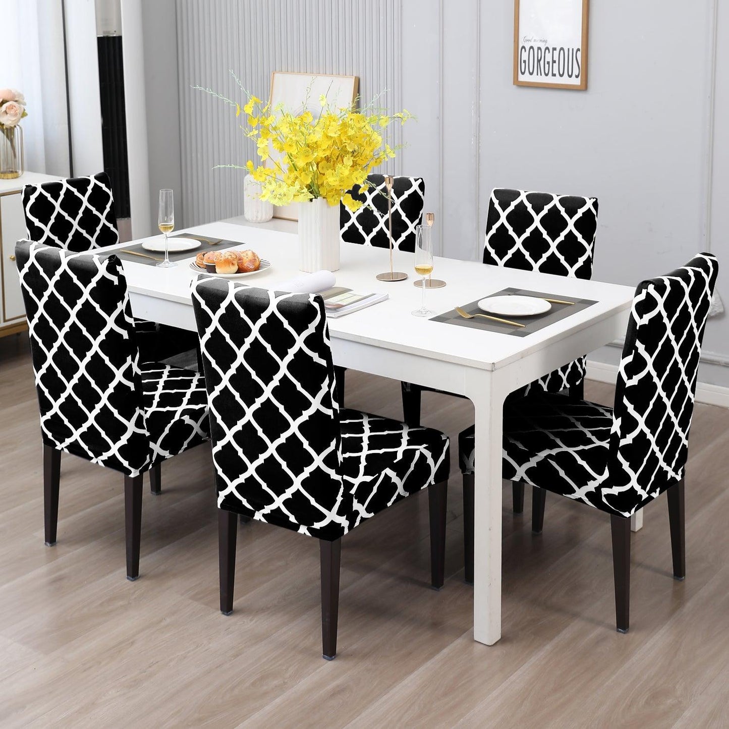 Black Moroccan print dining chair covers Set | Hokipo