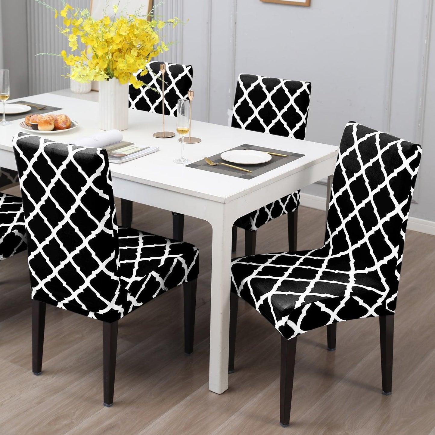 Black Moroccan print elastic dining chair covers | Hokipo