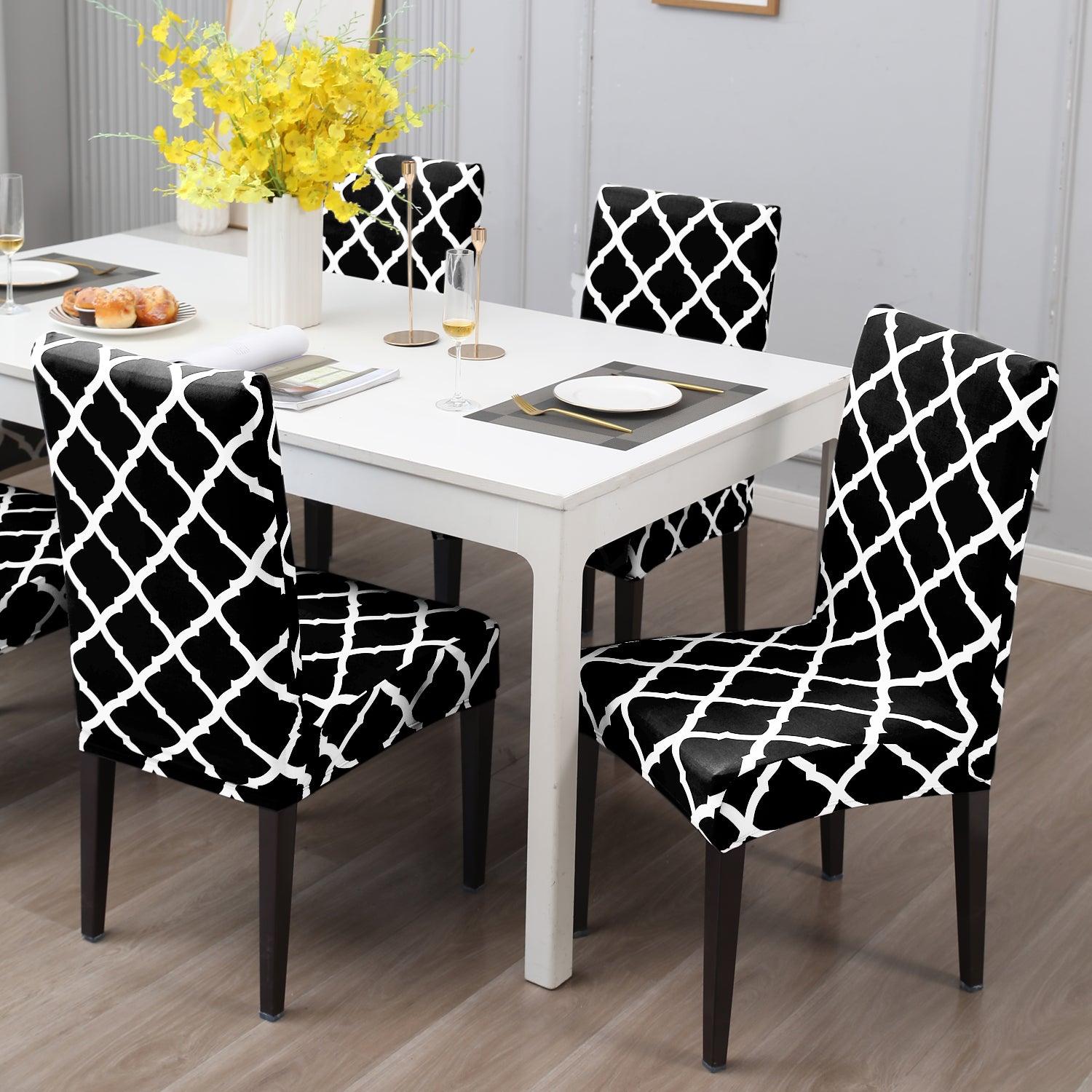 Black Moroccan print elastic dining chair covers | Hokipo