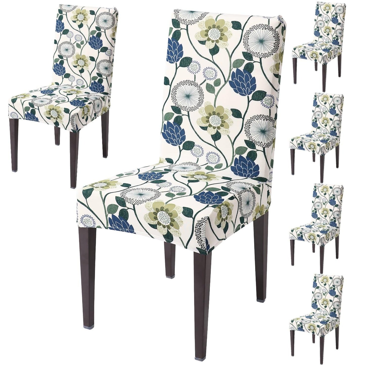 Blue Dandelion Flower print dining chair covers set of 6 | Hokipo