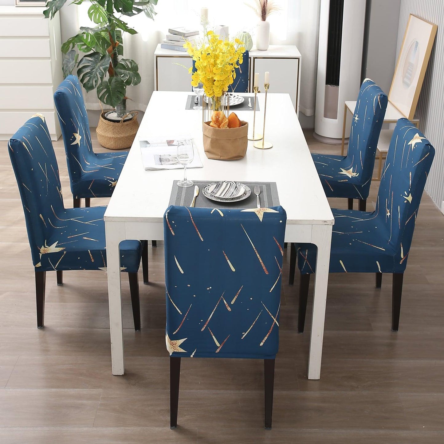 Blue Falling Star Print dining chair covers Set