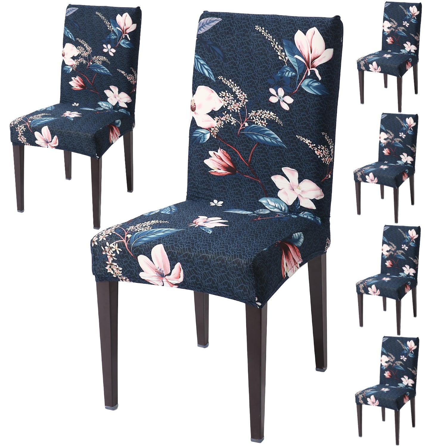 Blue Mixed Flowers print dining chair covers set of 6 | Hokipo