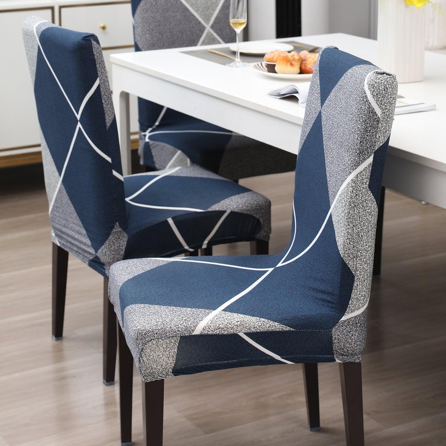 Blue Rhombus print chair covers for dining chairs | Hokipo