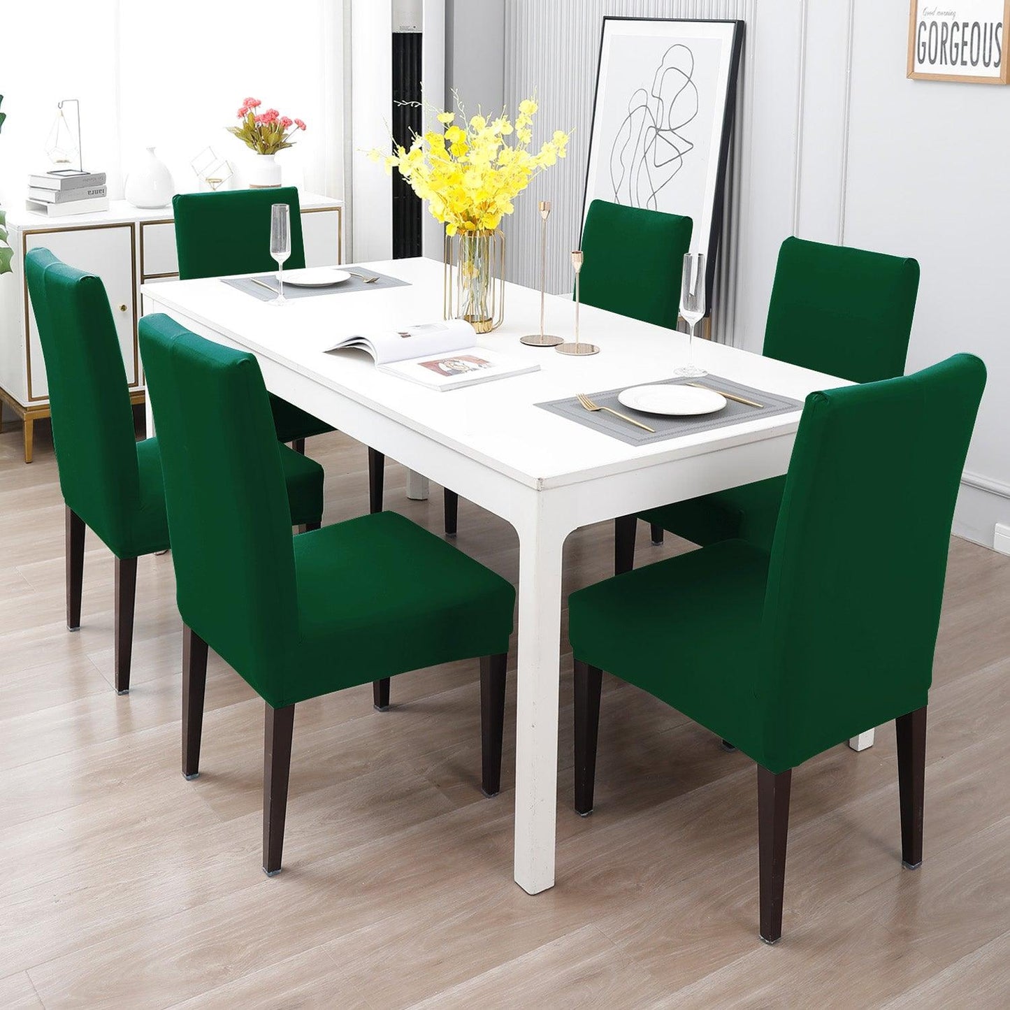 Bottle Green Print dining chair cover 6 seater