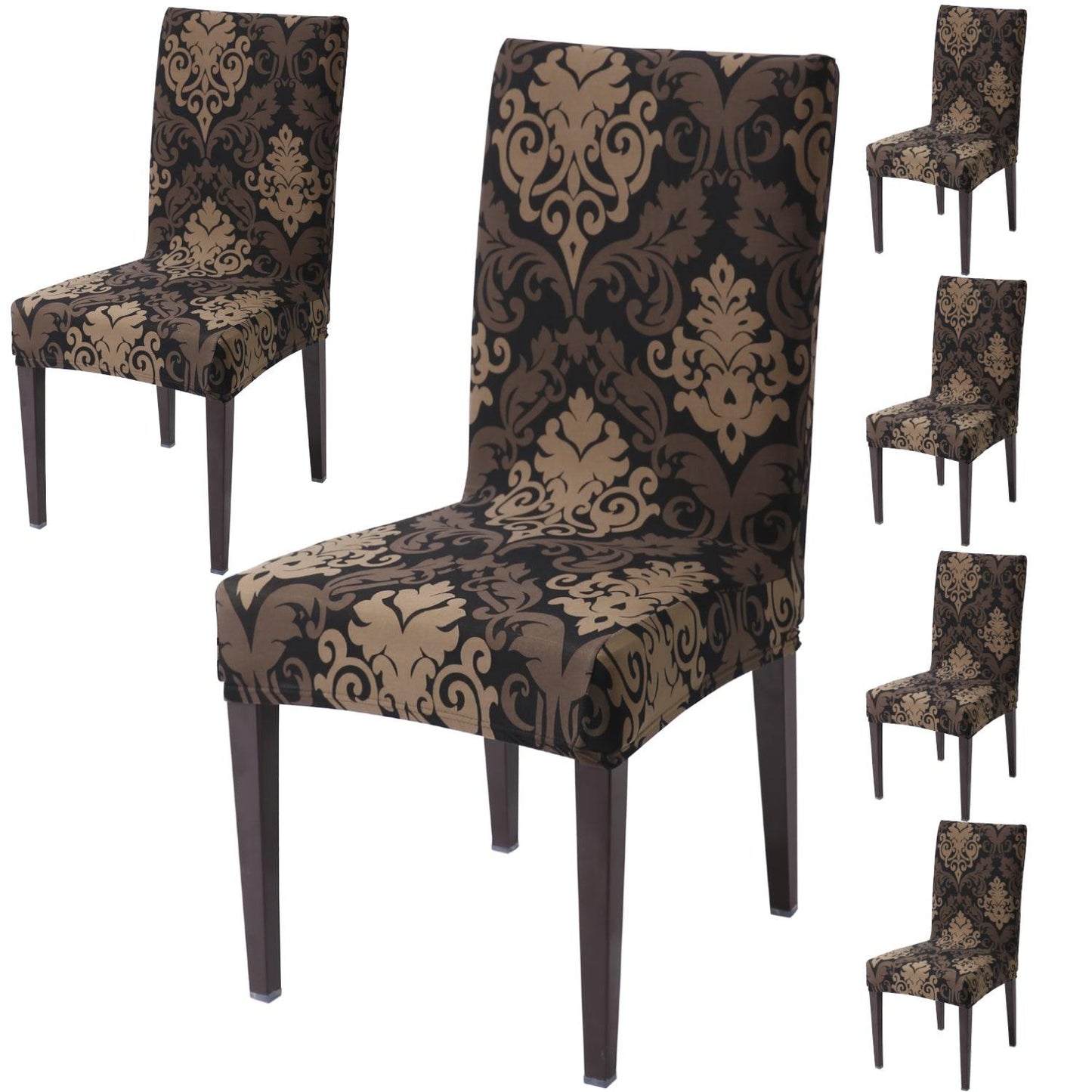 Brown Damask print dining chair covers set of 6 | Hokipo