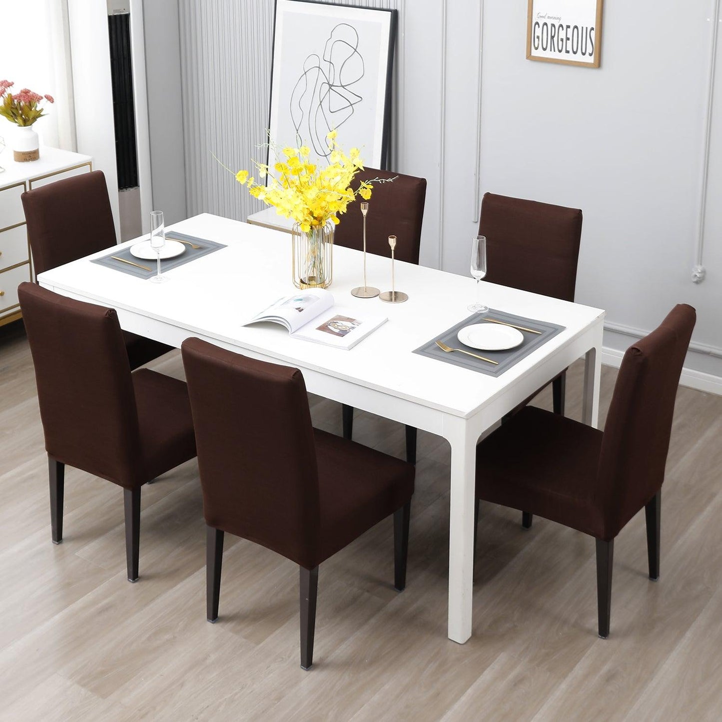 Chocolate Brown Print dining chair cover 6 seater