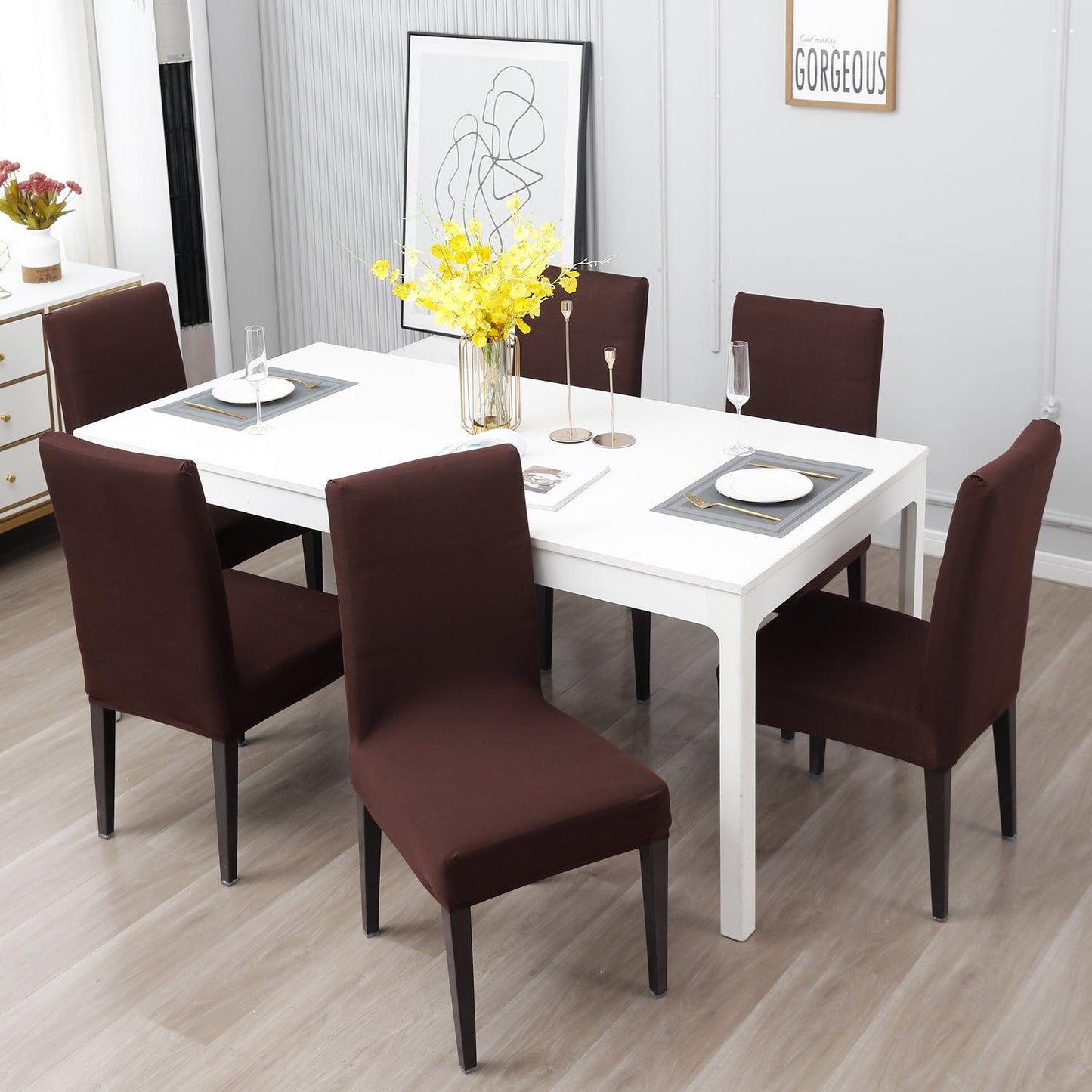 Chocolate Brown Print chair covers for dining chairs