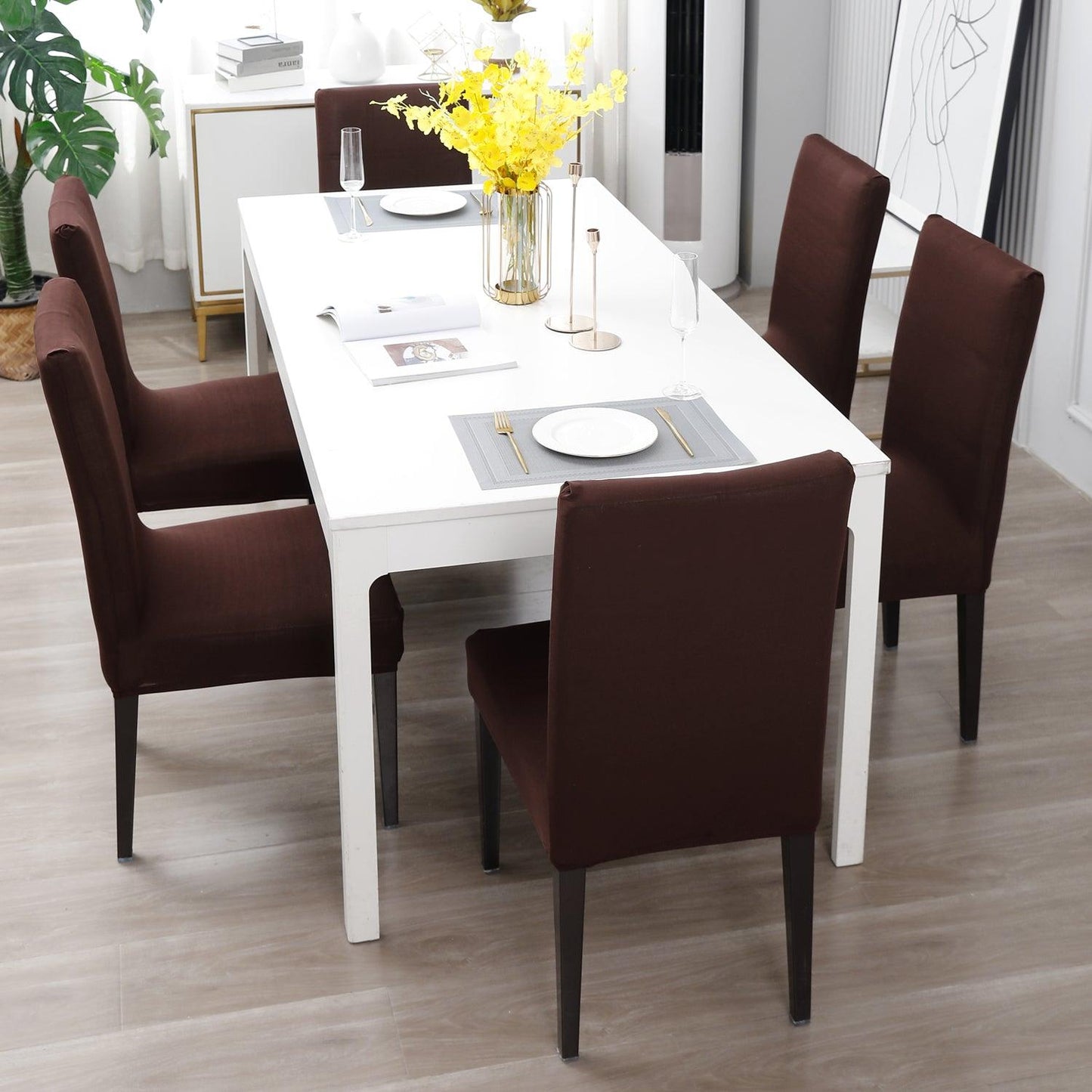 Chocolate Brown Print elastic dining chair covers