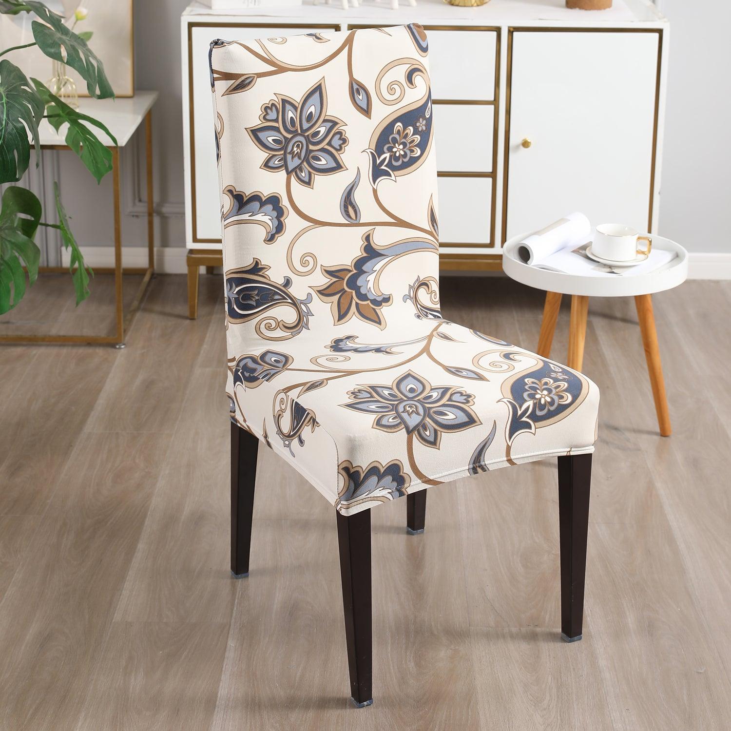 Cream Blue Flowers print chair covers Set | Hokipo