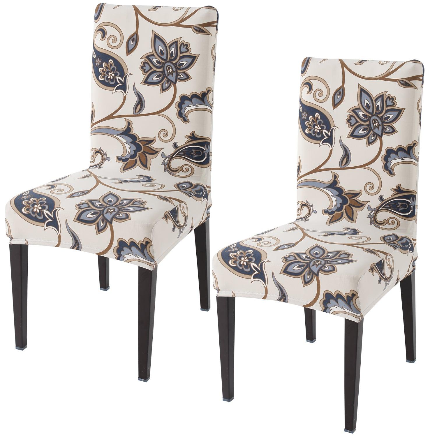 Cream Blue Flowers print elastic chair covers set of 2 | Hokipo