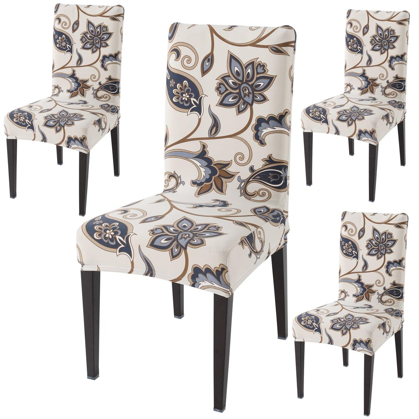 Cream Blue Flowers print dining chair covers set of 4 | Hokipo