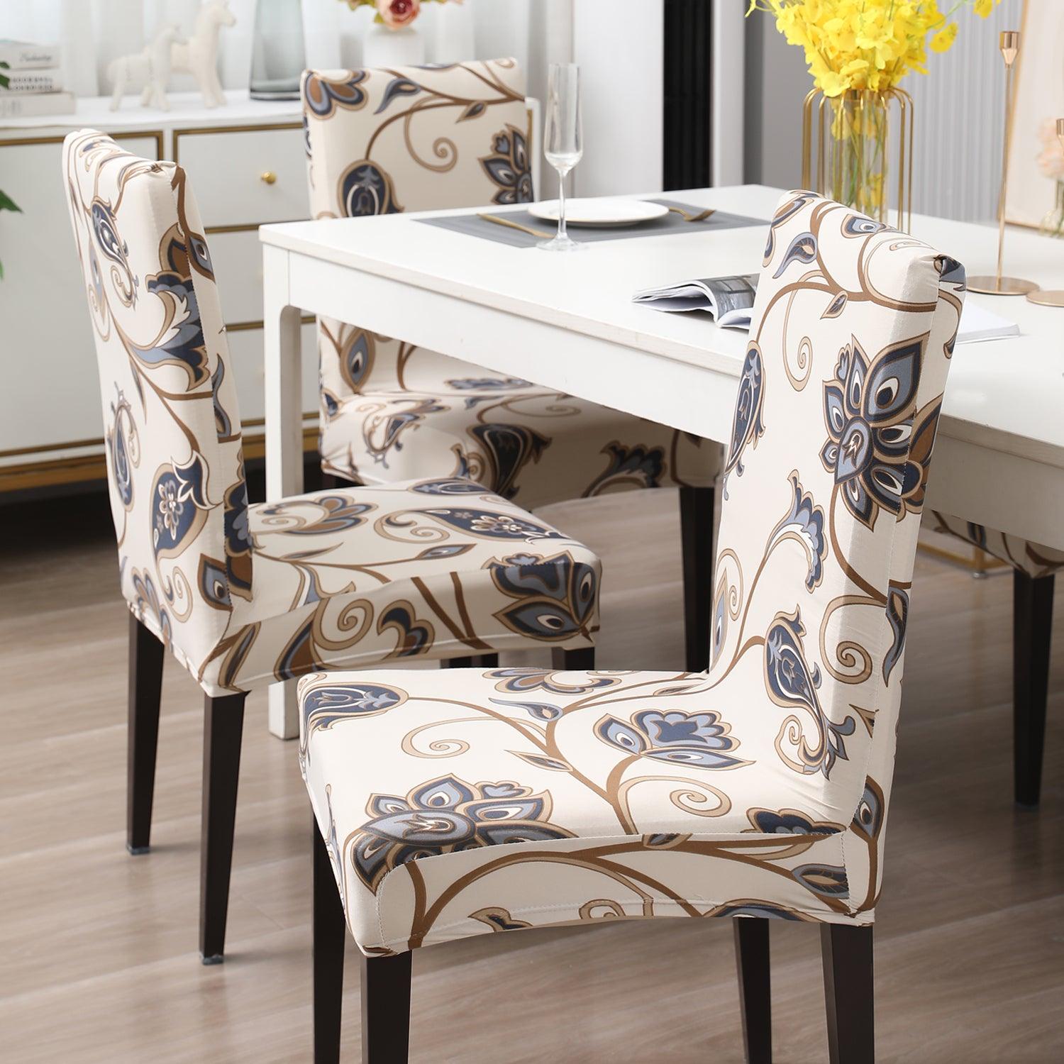 Cream Blue Flowers print chair covers for dining chairs | Hokipo