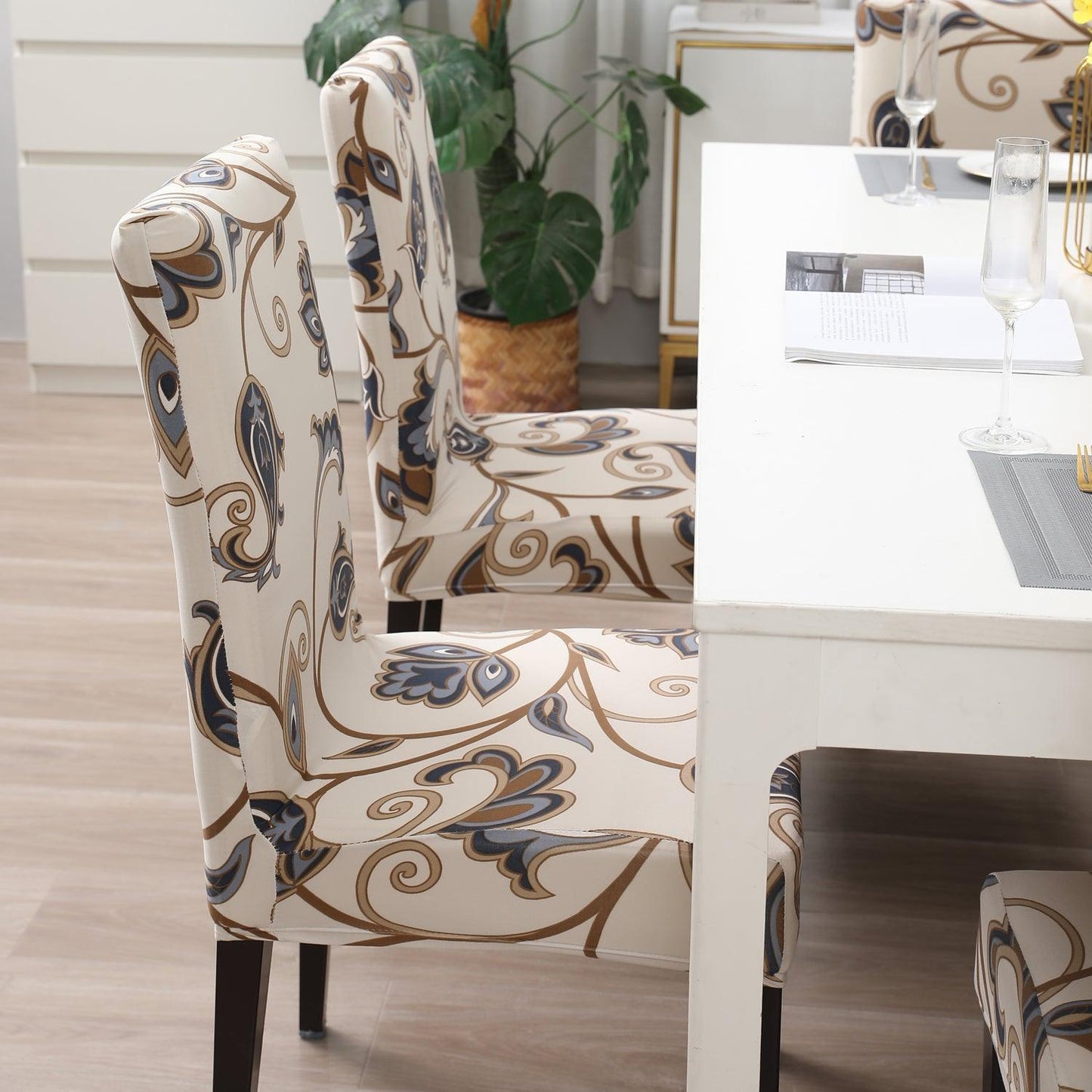 Cream Blue Flowers print stylish chair cover | Hokipo