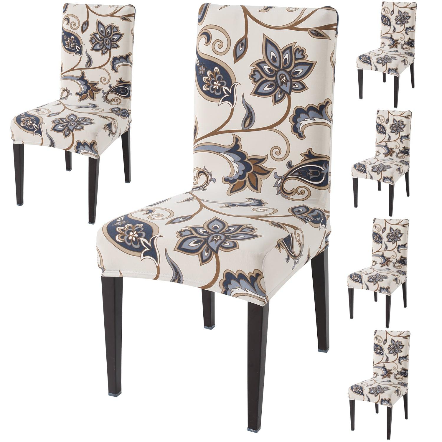Cream Blue Flowers print dining chair covers set of 6 | Hokipo