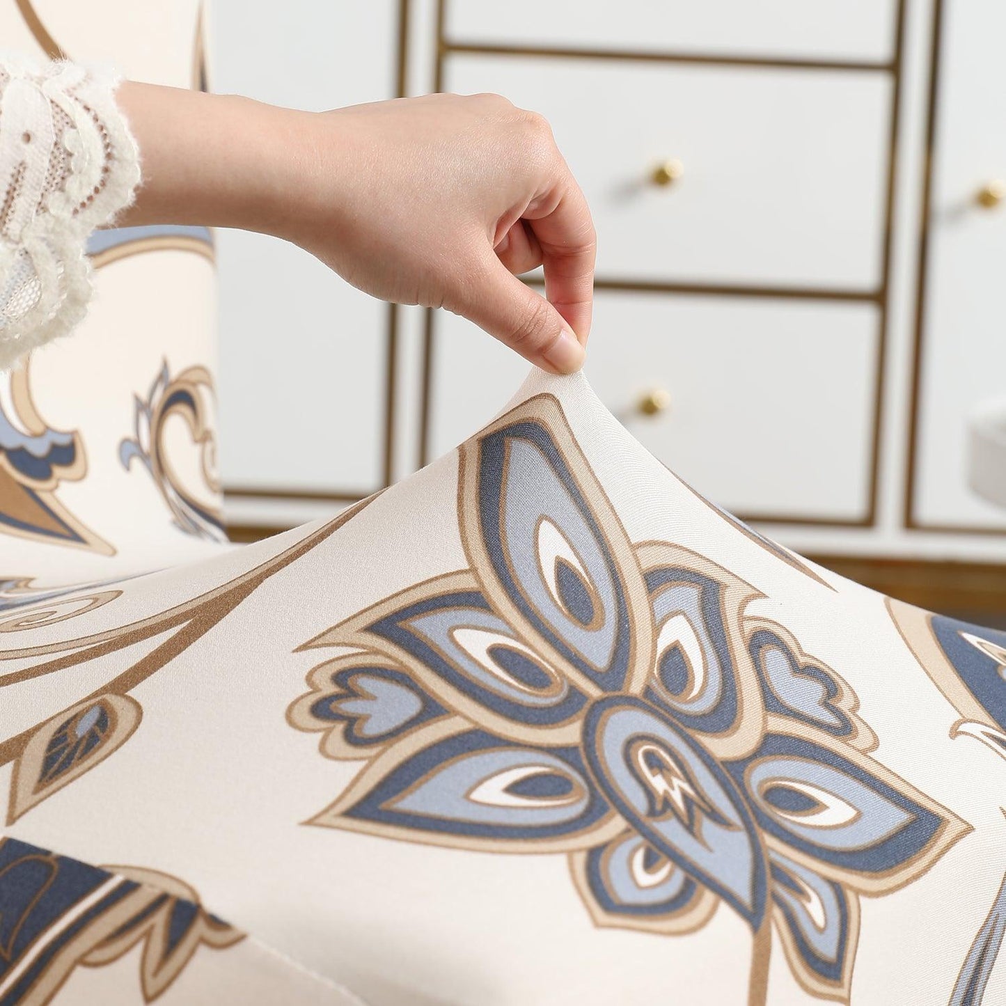 Cream Blue Flowers print stretchable dining chair covers | Hokipo