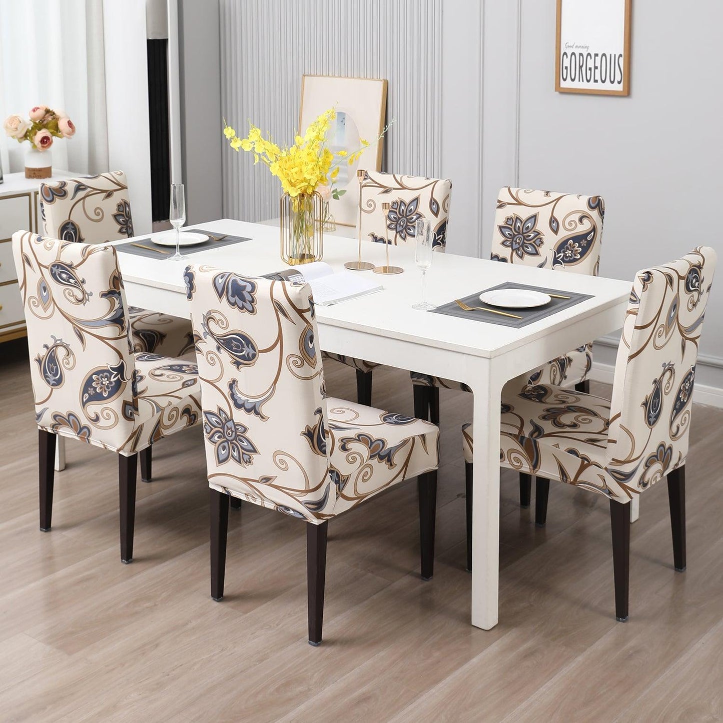 Cream Blue Flowers print dining chair covers Set | Hokipo