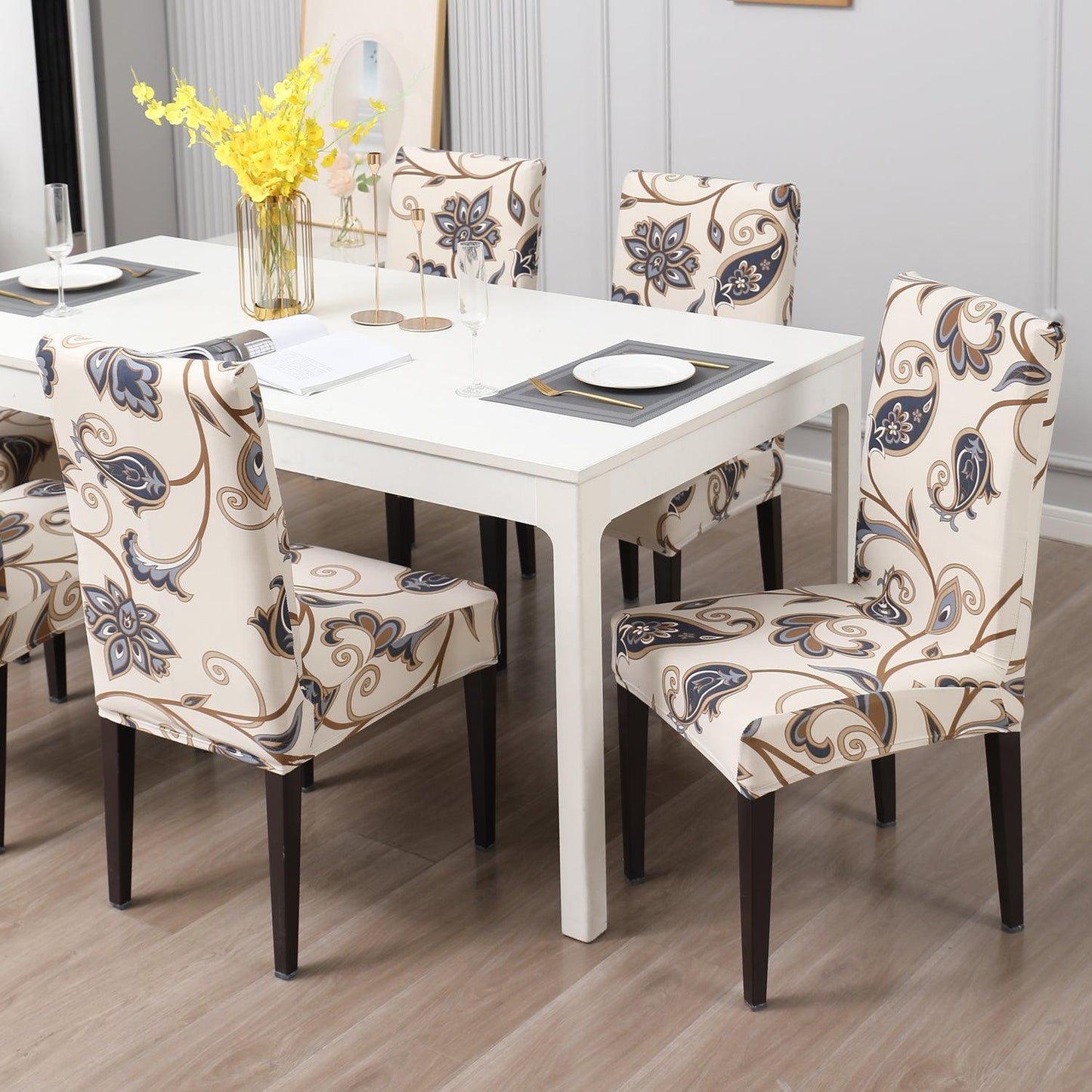 Cream Blue Flowers print elastic dining chair covers | Hokipo