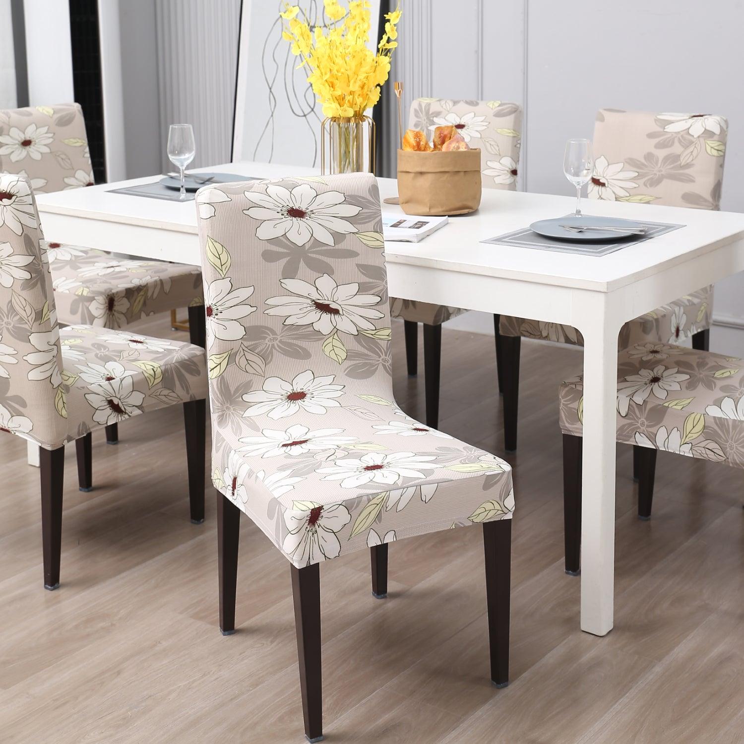 Cream Flowers elastic dining chair covers