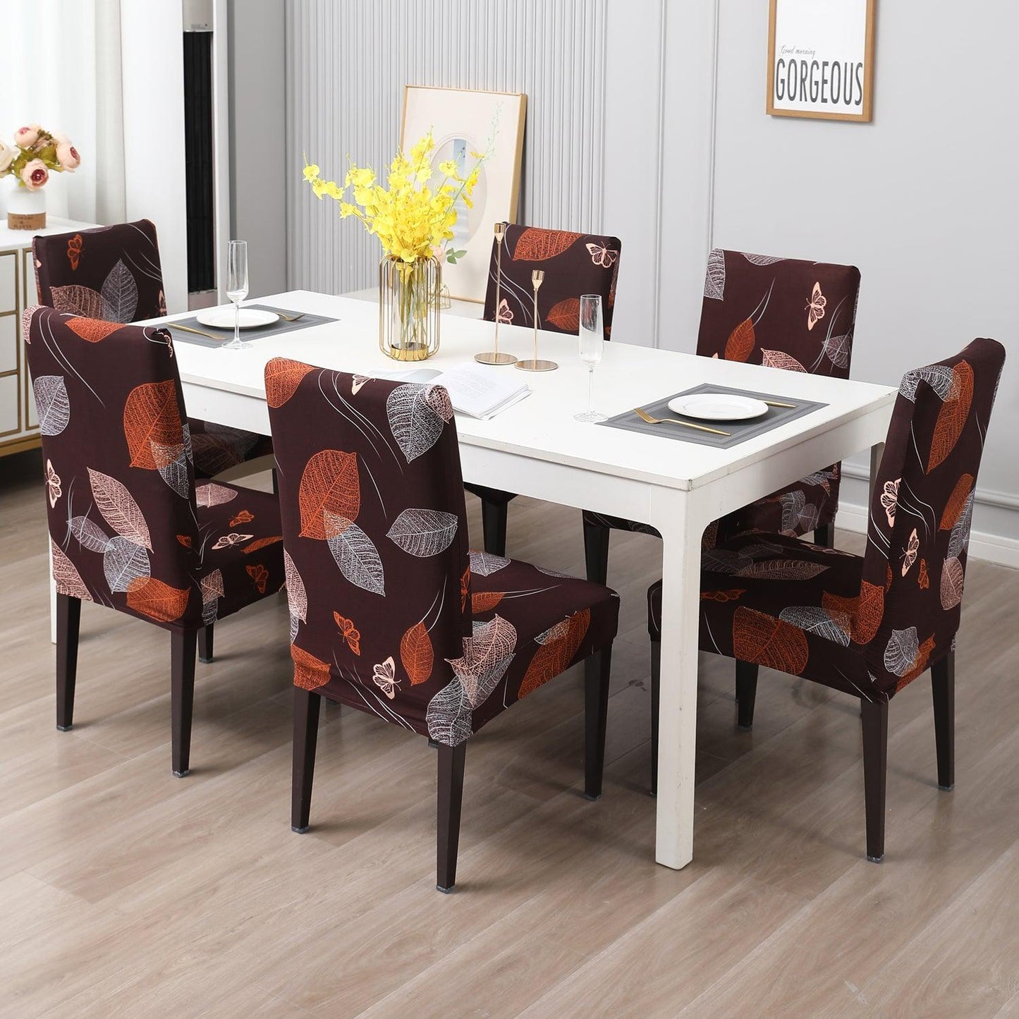 Dark Brown Leaf print dining chair covers Set | Hokipo