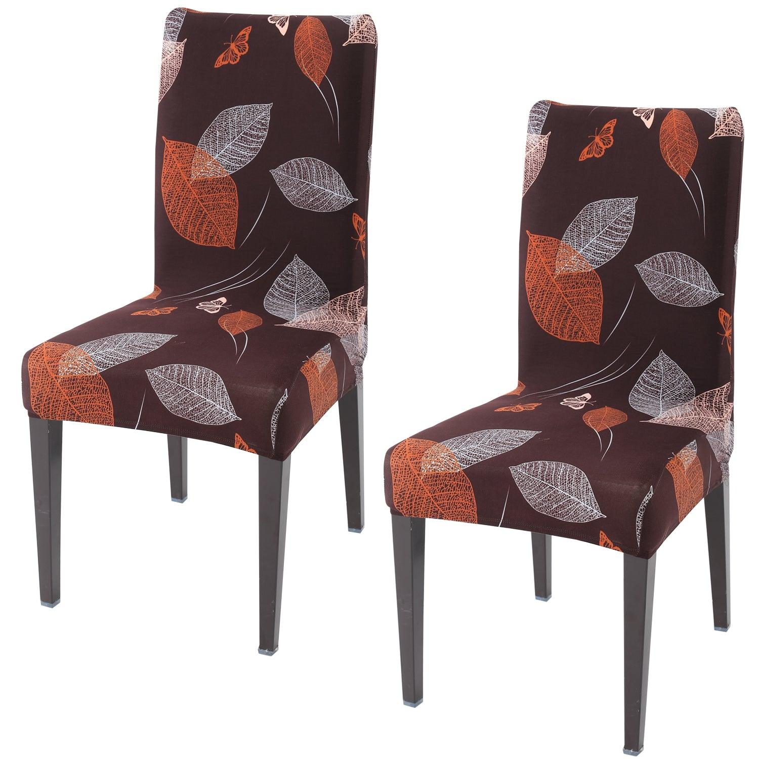 Dark Brown Leaf print elastic chair covers set of 2 | Hokipo