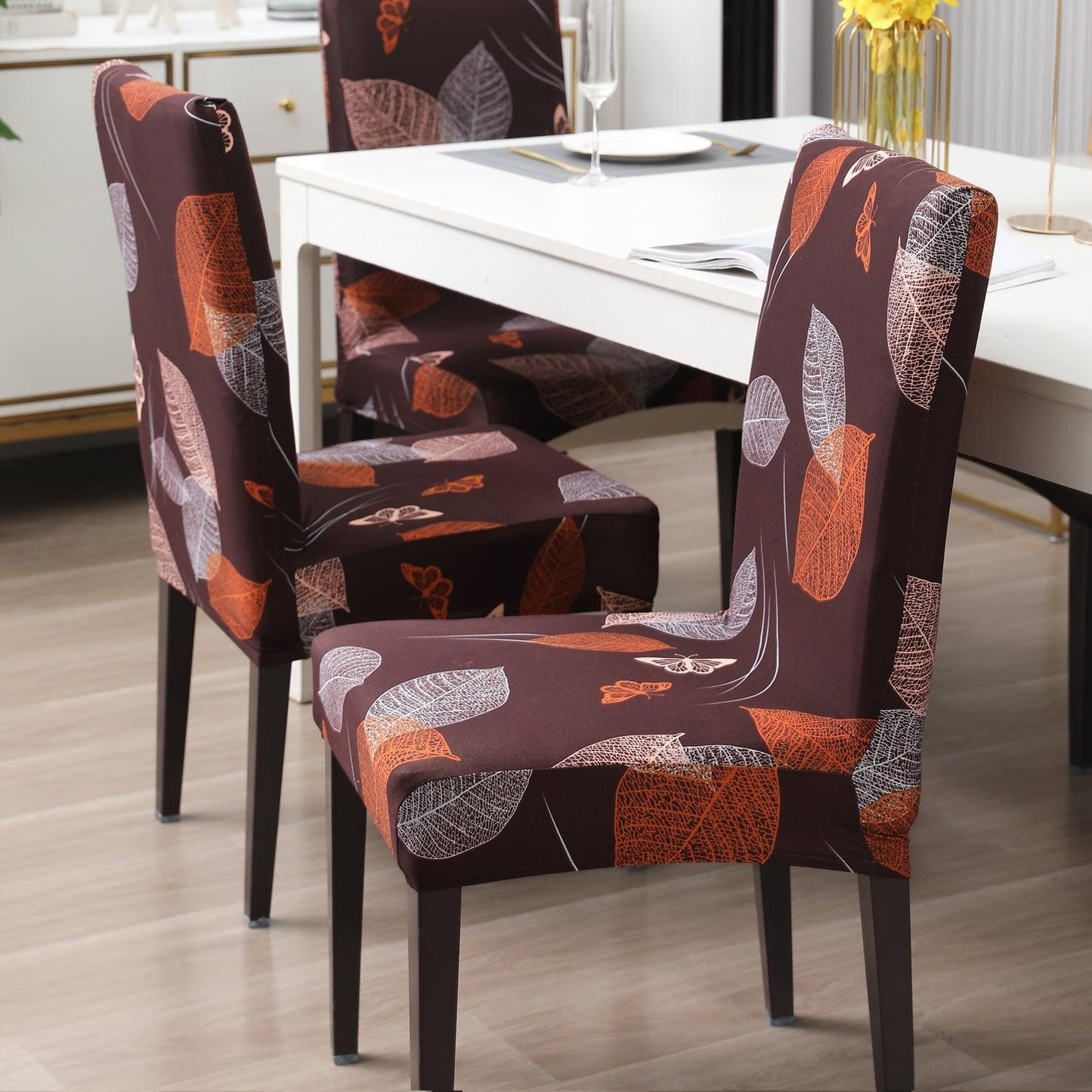 Dark Brown Leaf print Fully fitted dining chair cover set | Hokipo