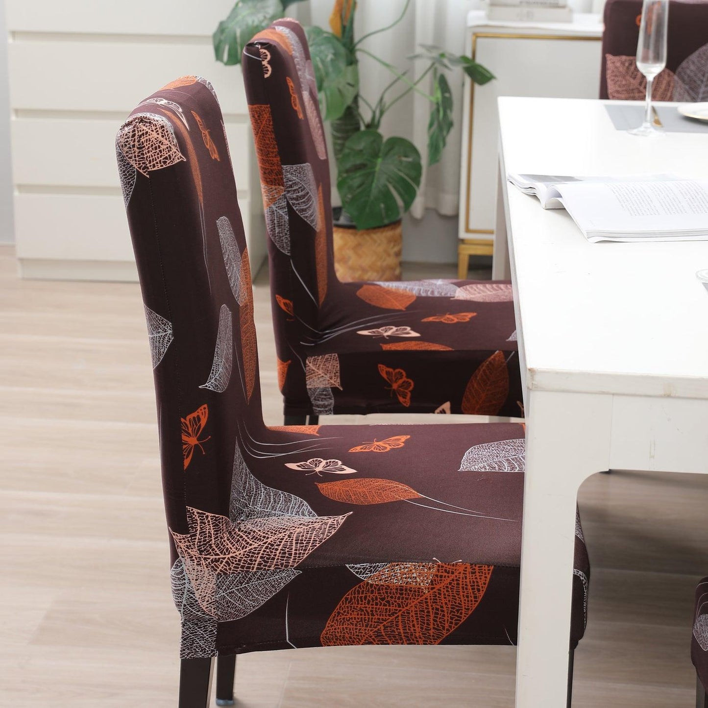 Dark Brown Leaf print stylish chair cover | Hokipo