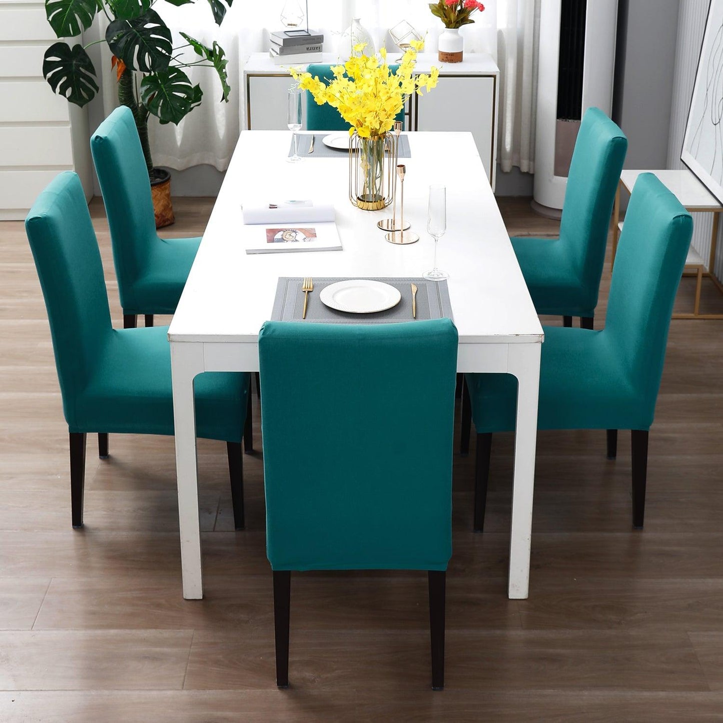 Dark Cyan Print dining chair cover 6 seater